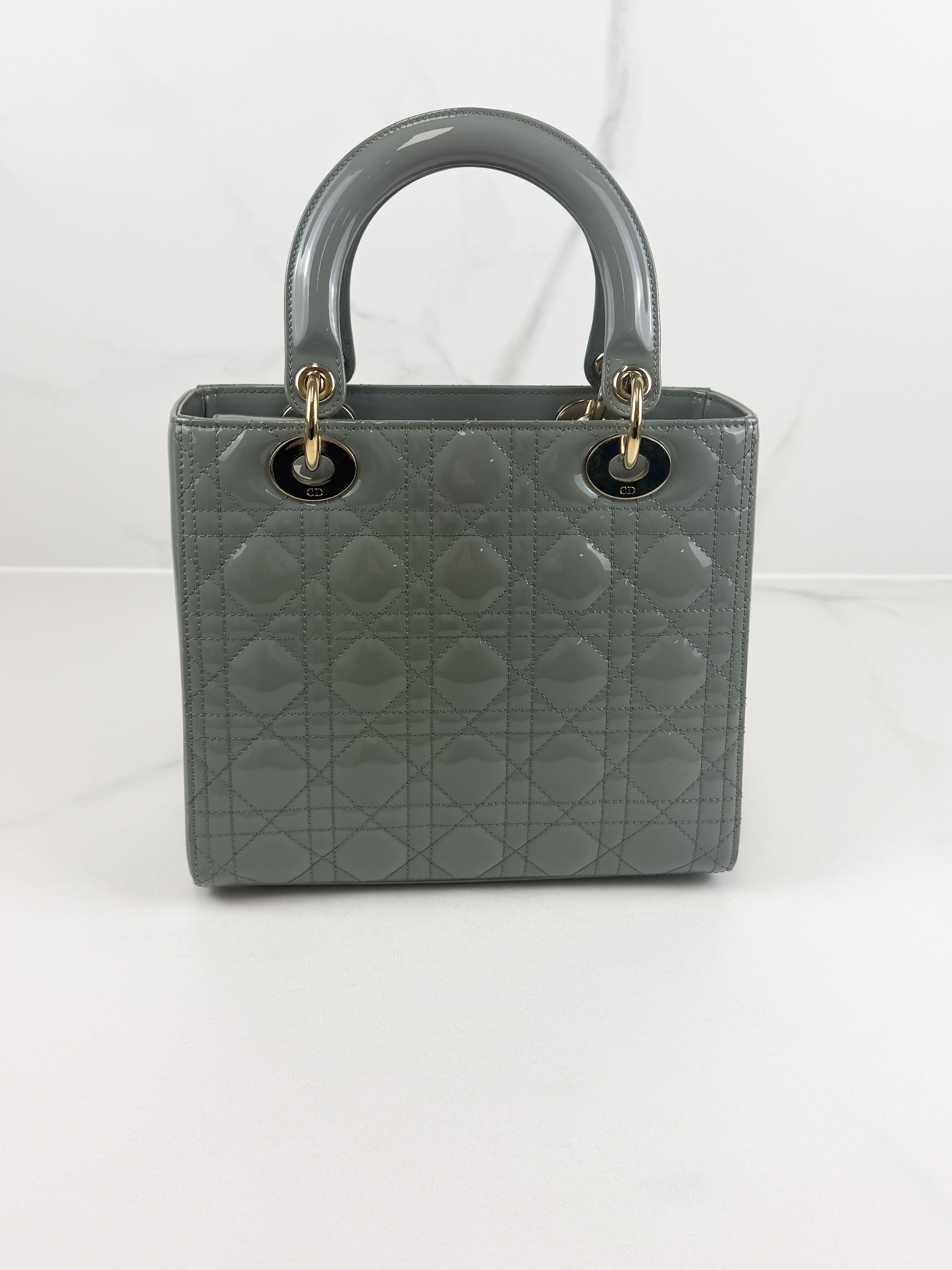 Christian Dior Medium Lady Dior In Grey Patent with GHW