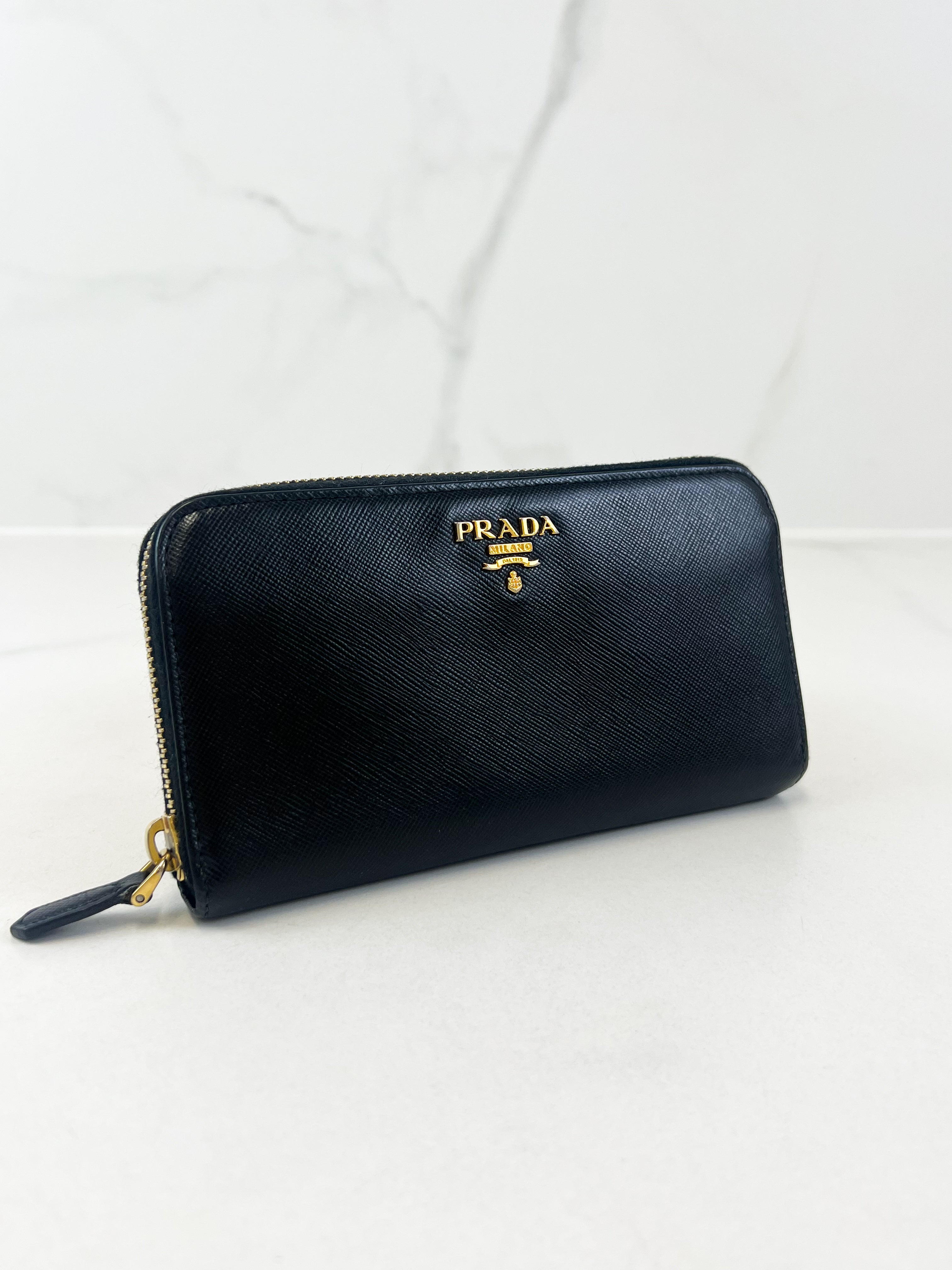 Prada Large Grained Leather Zip Around Wallet