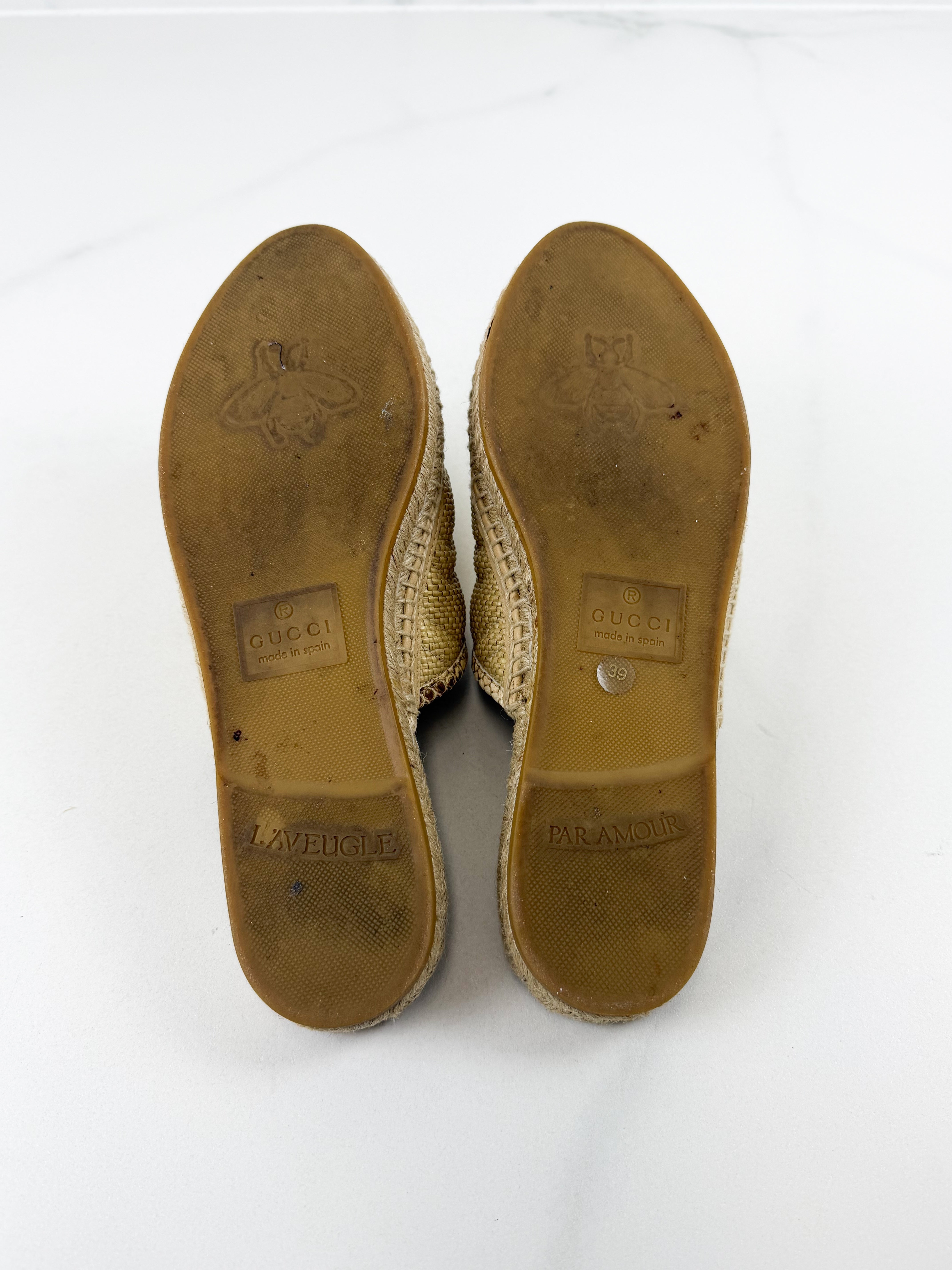 Gucci GG Marmont Matelassé Raffia Espadrille Mules Size 39