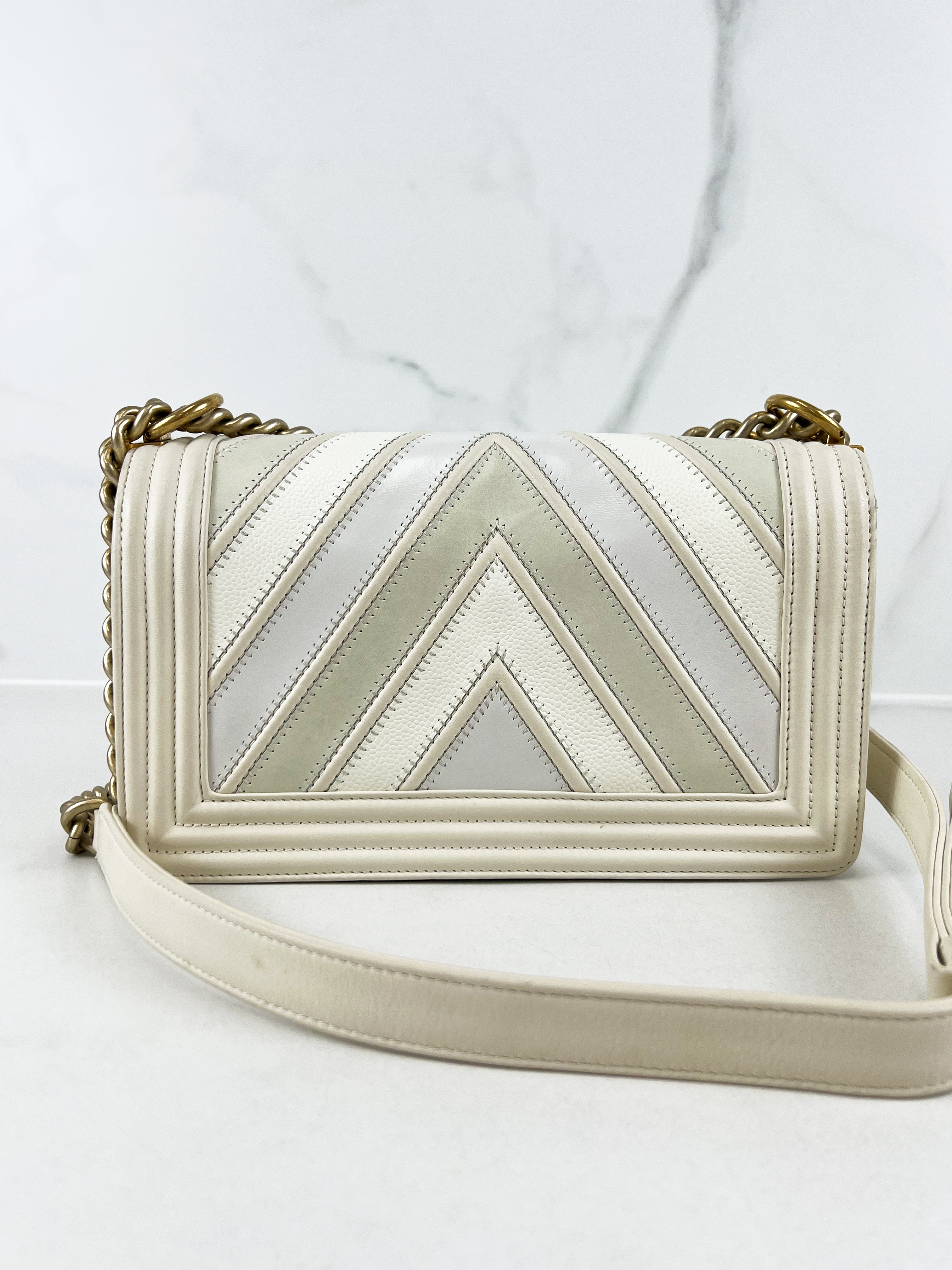 Chanel Old Medium Boy Bag in White Chevron Calfskin with Vintage GHW