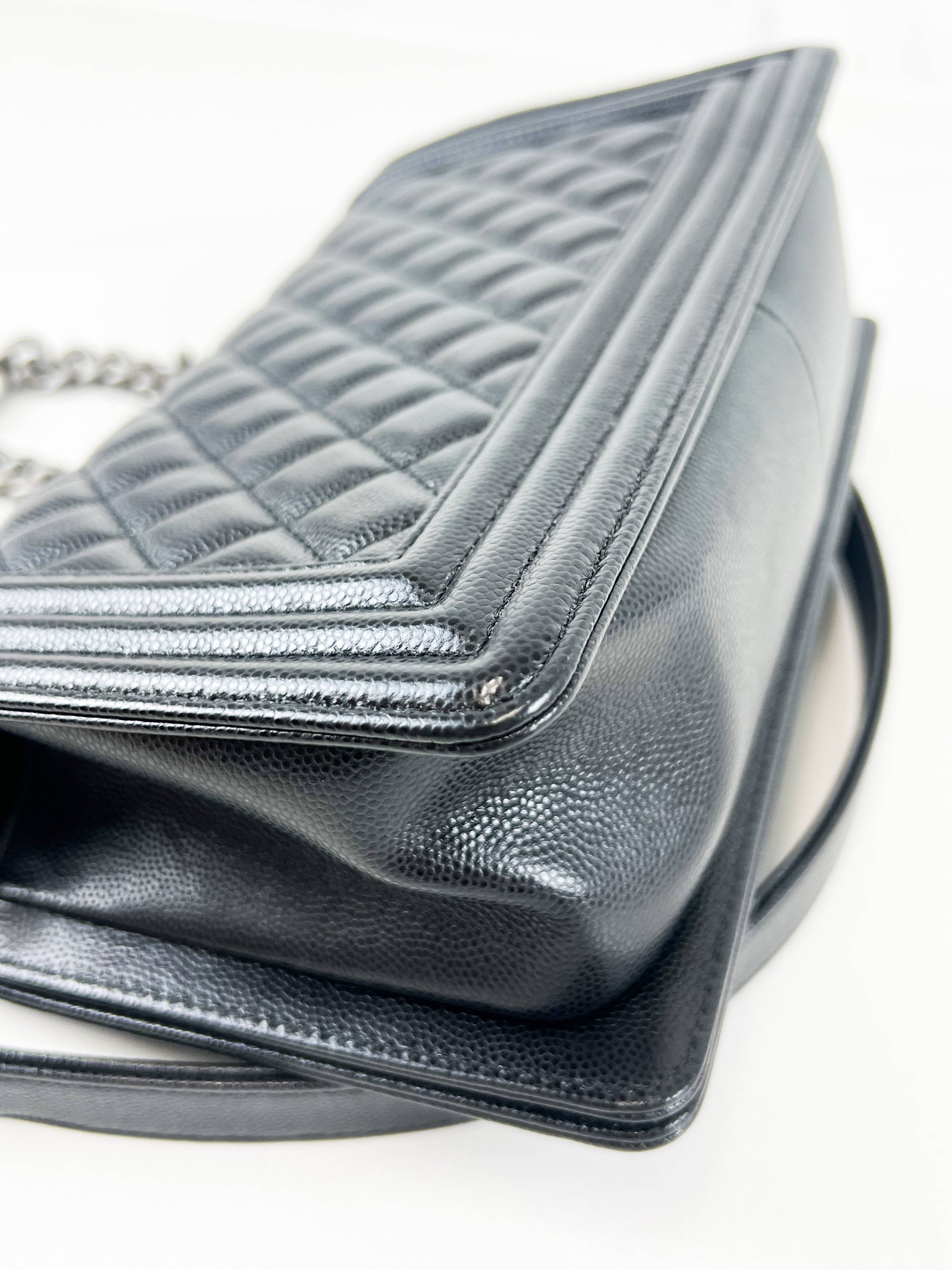 Chanel Old Medium Boy Bag in Black Quilted Caviar with Ruthenium Hardware