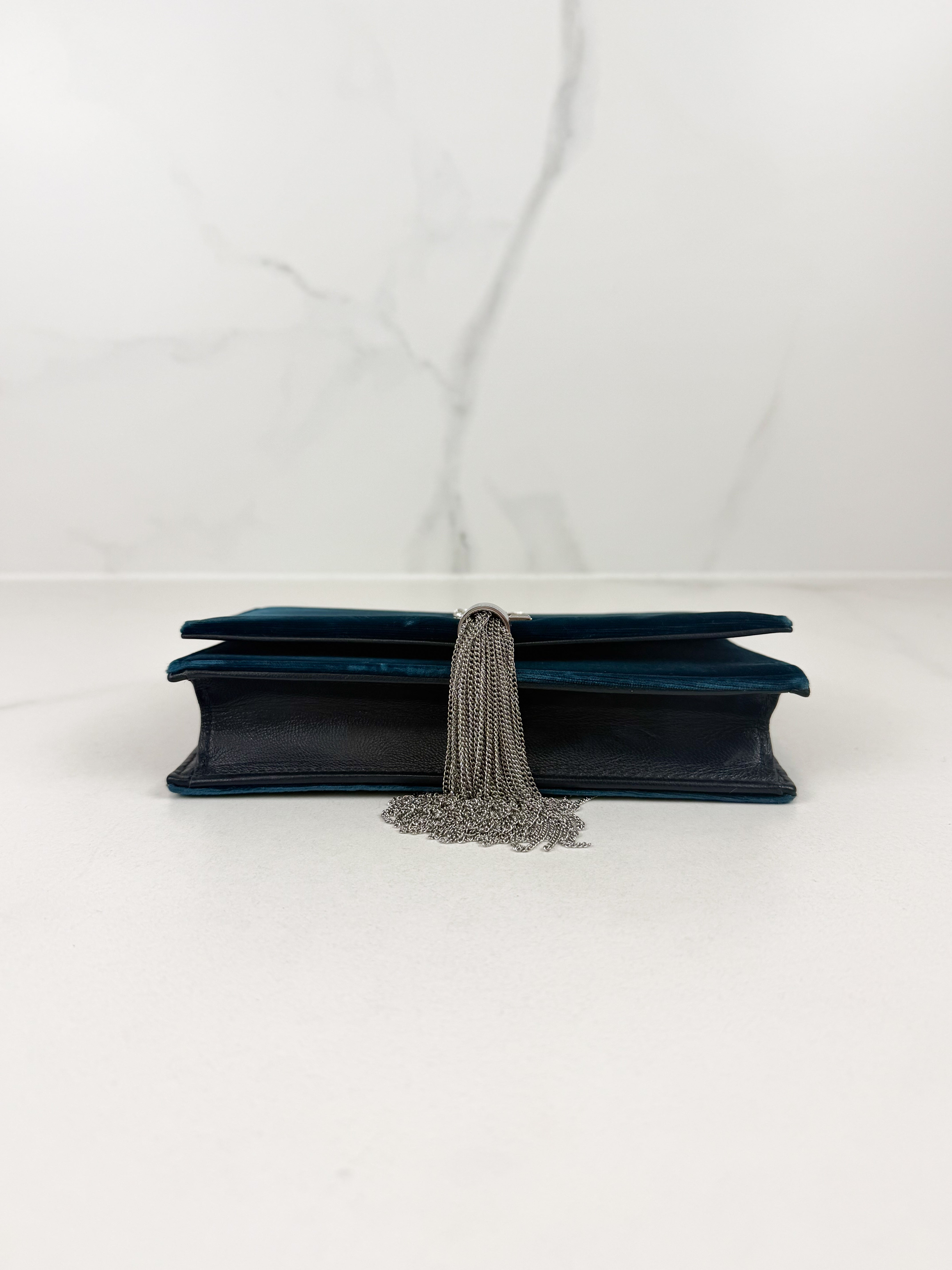 Saint Laurent Velvet Crystal Monogram Kate Tassel Chain Wallet in Blue