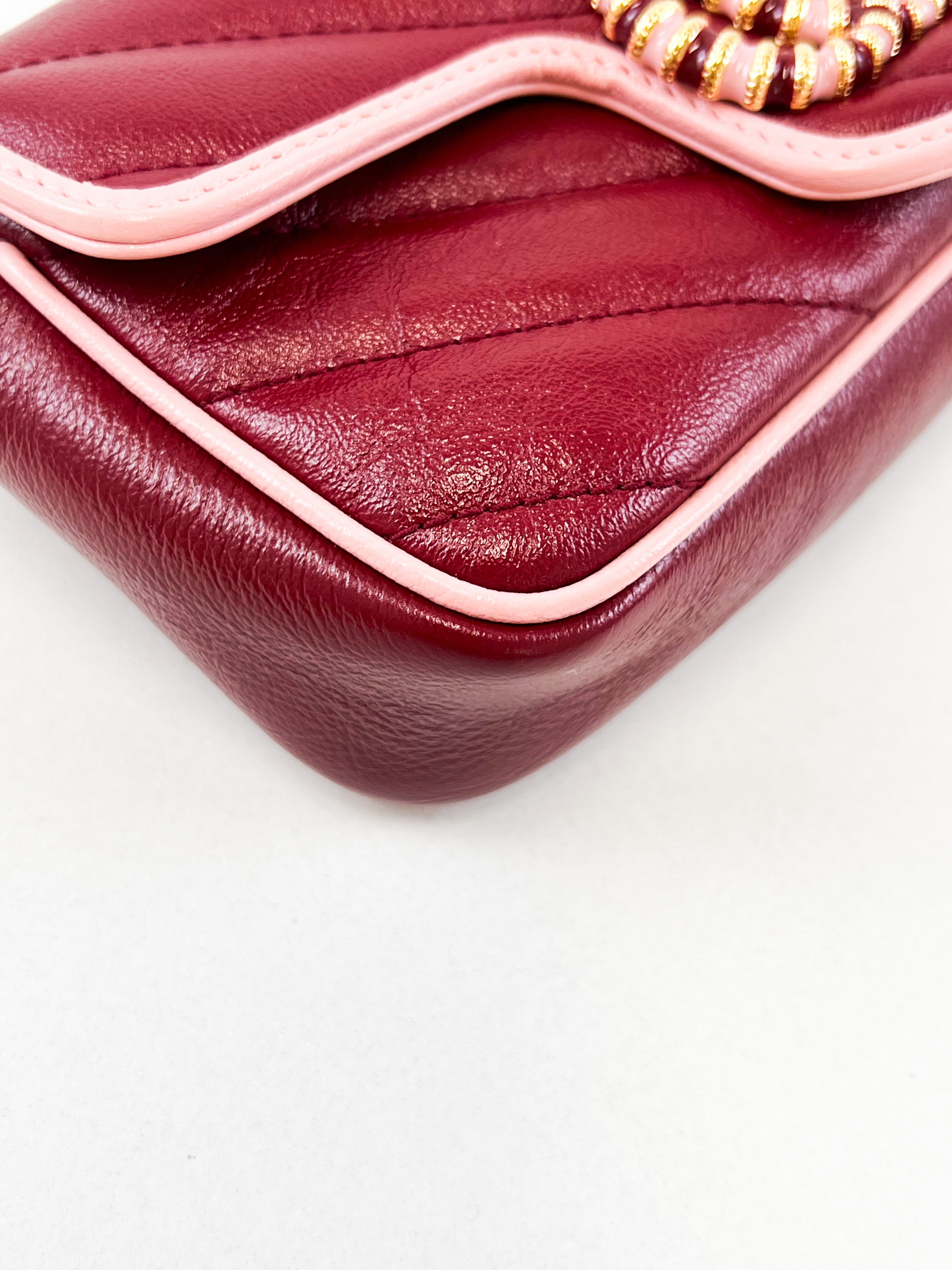Gucci Super Mini Marmont in Red/Burgundy Matelassé Leather with Light Pink Piping