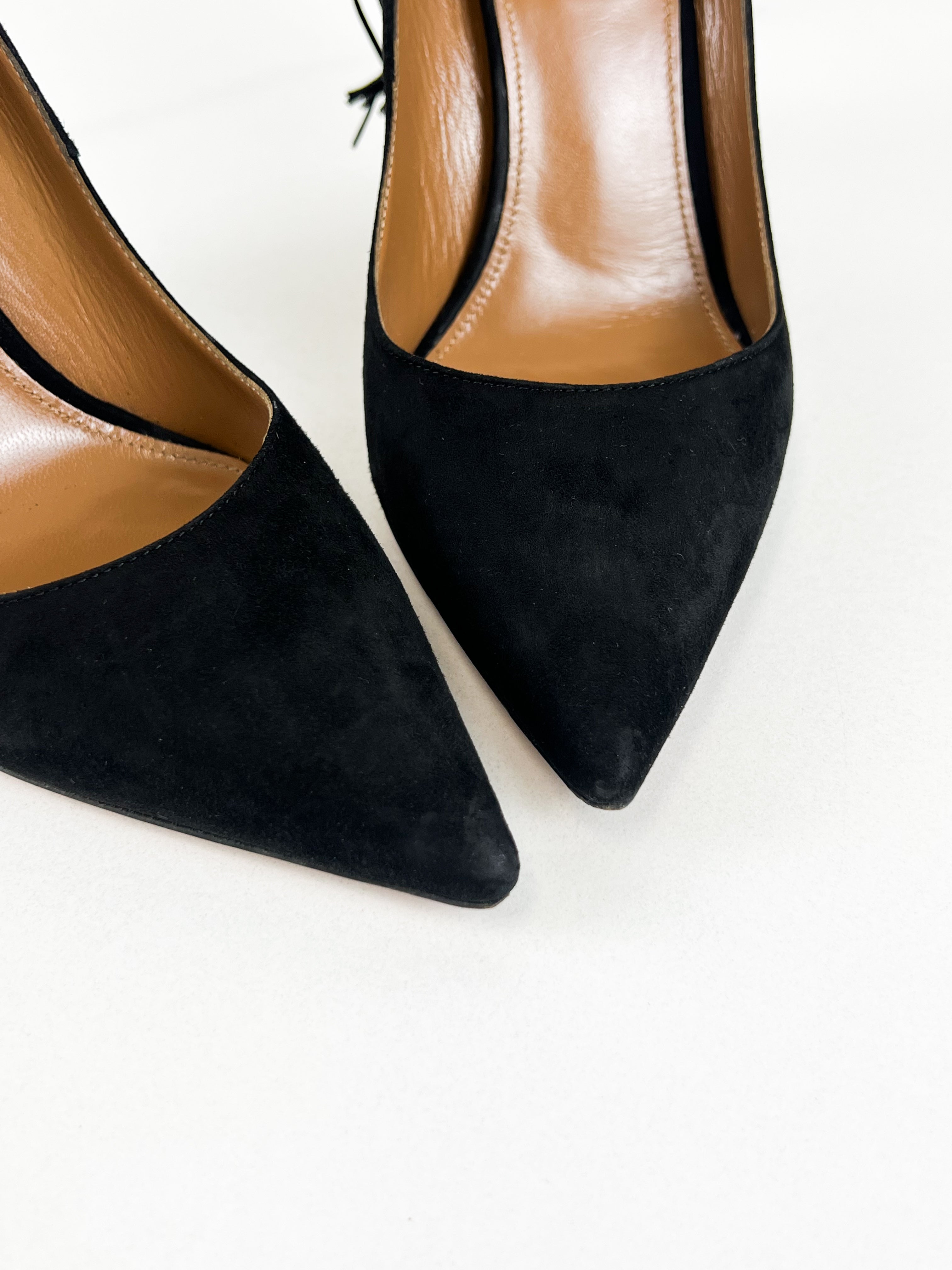 Aquazzura Black Suede Fringe Tie Pumps 105 Size 39