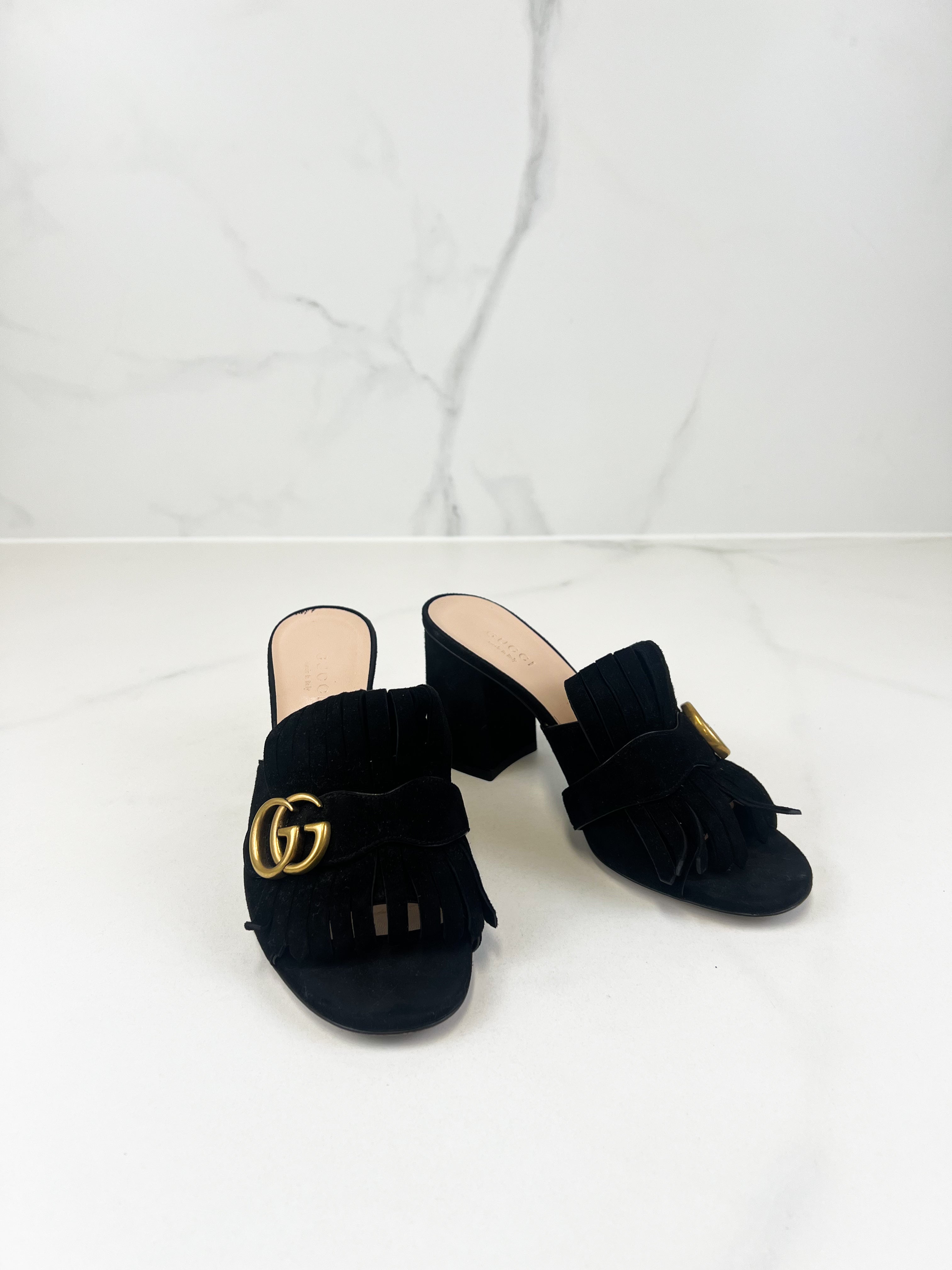 Gucci GG Marmont Black Fringed Mules Size 37