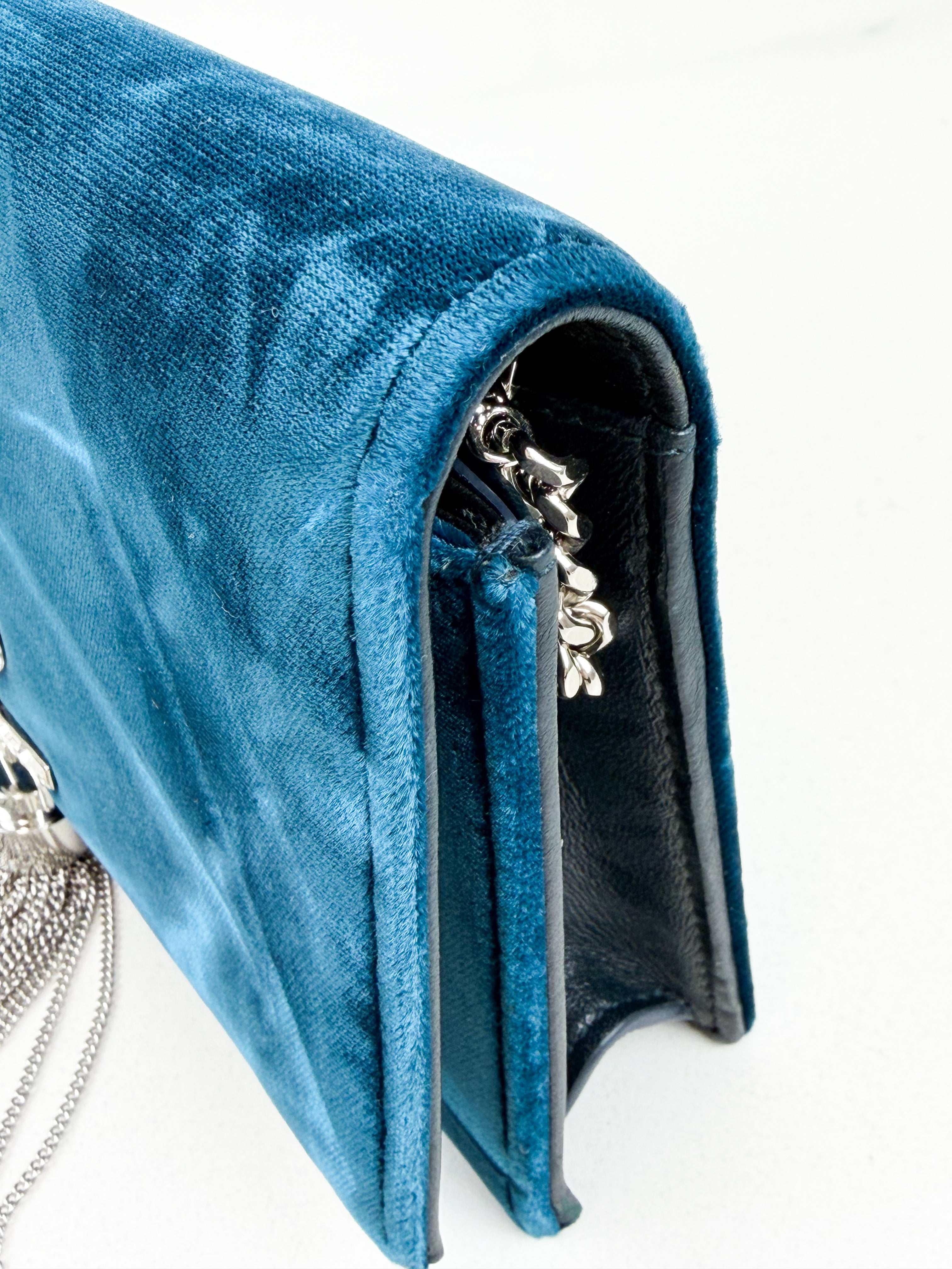 Saint Laurent Velvet Crystal Monogram Kate Tassel Chain Wallet in Blue