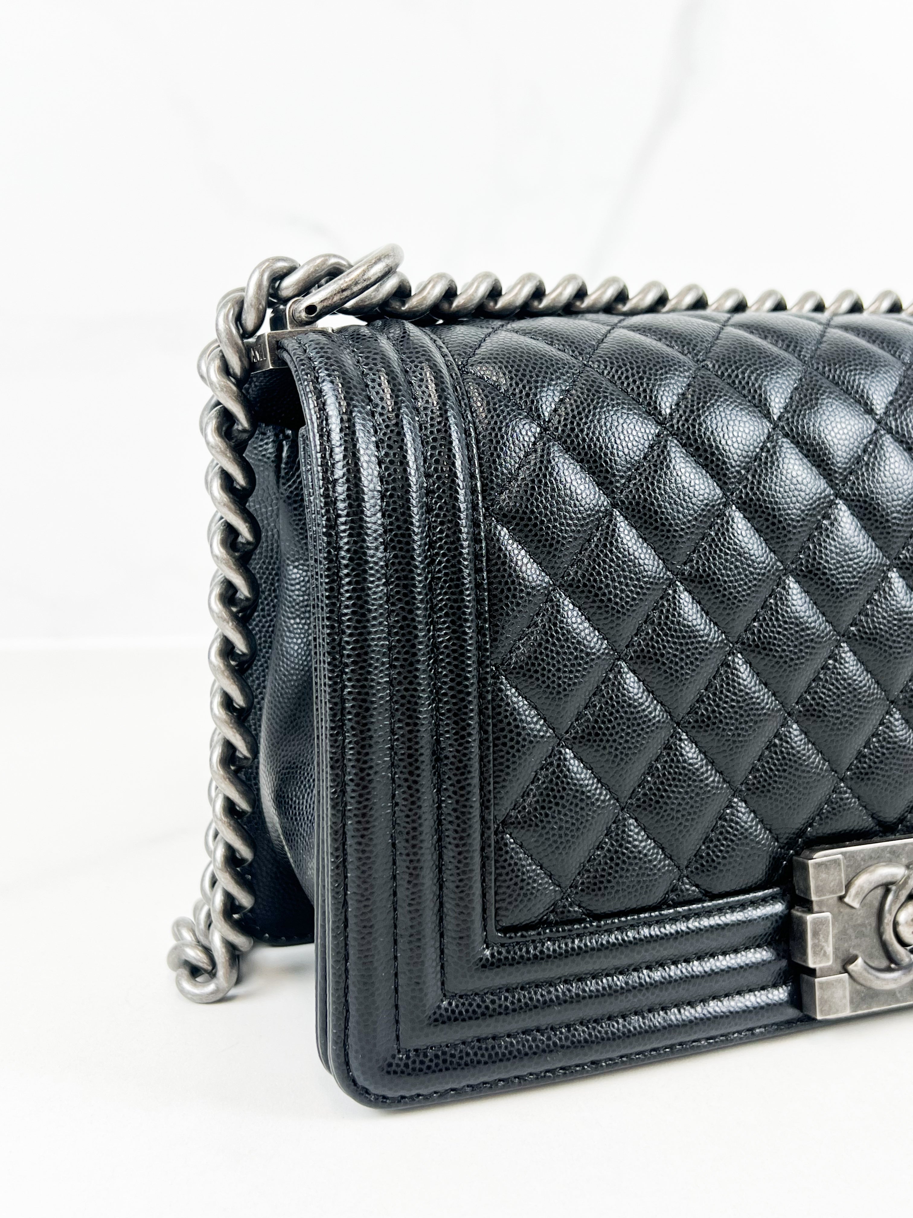 Chanel Old Medium Boy Bag in Black Quilted Caviar with Ruthenium Hardware