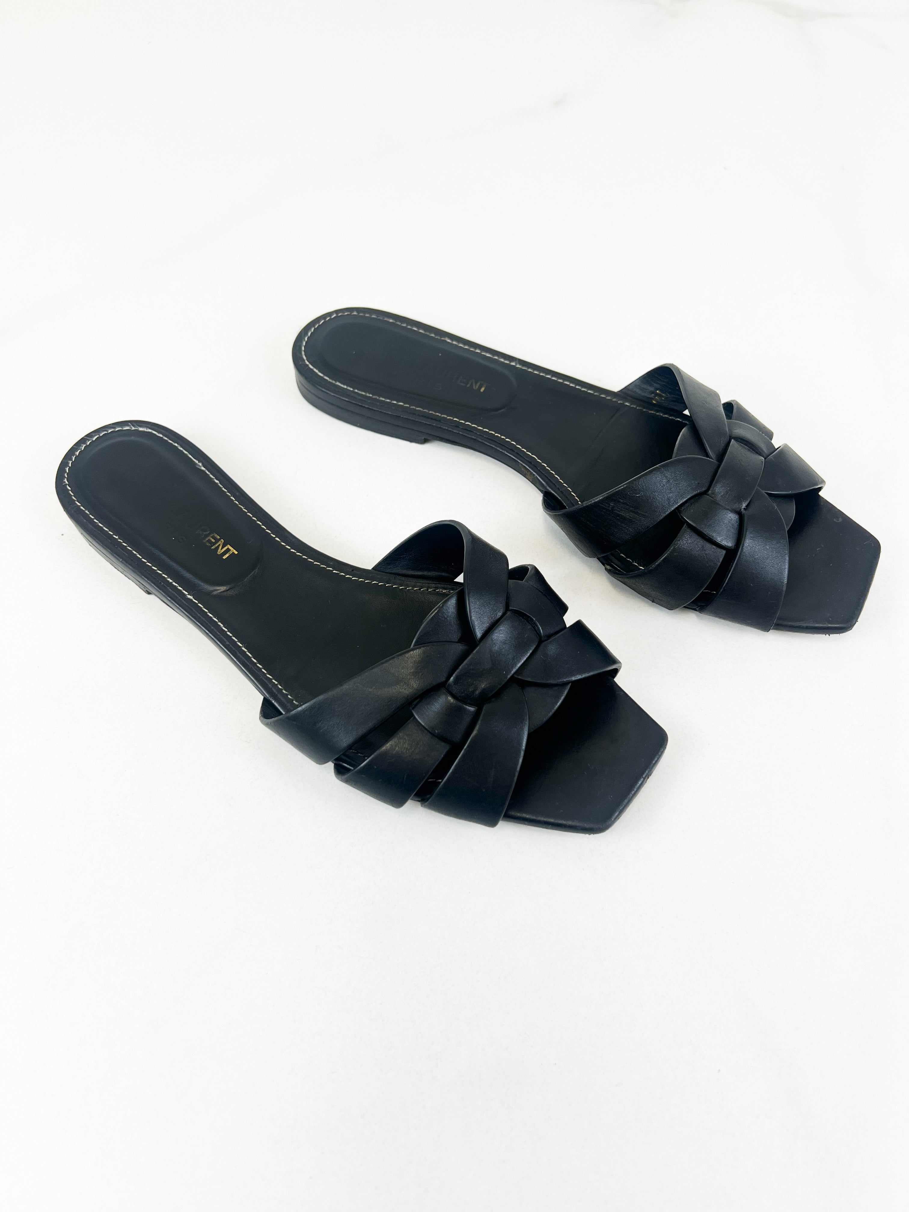 Saint Laurent Black Tribute Flat Mules Size 37.5