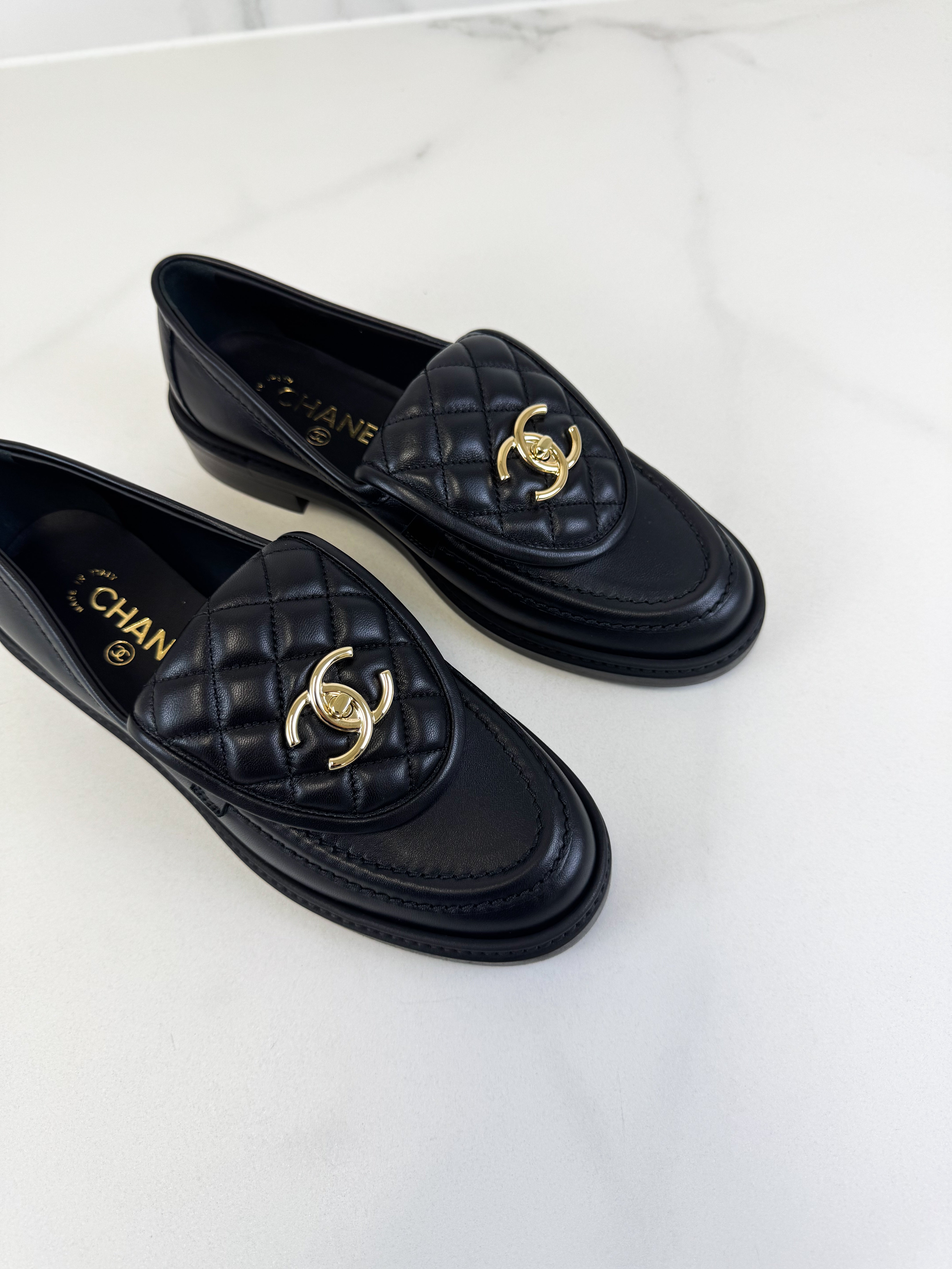 Chanel Black Quilted Turn Lock Loafer Size 37.5