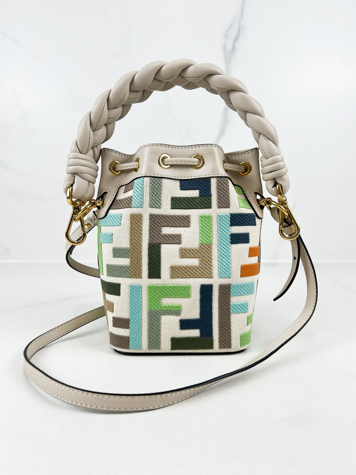Fendi FF Multicolour Embroidred Mon Tresor Bucket Bag with Braided White Leather Handle