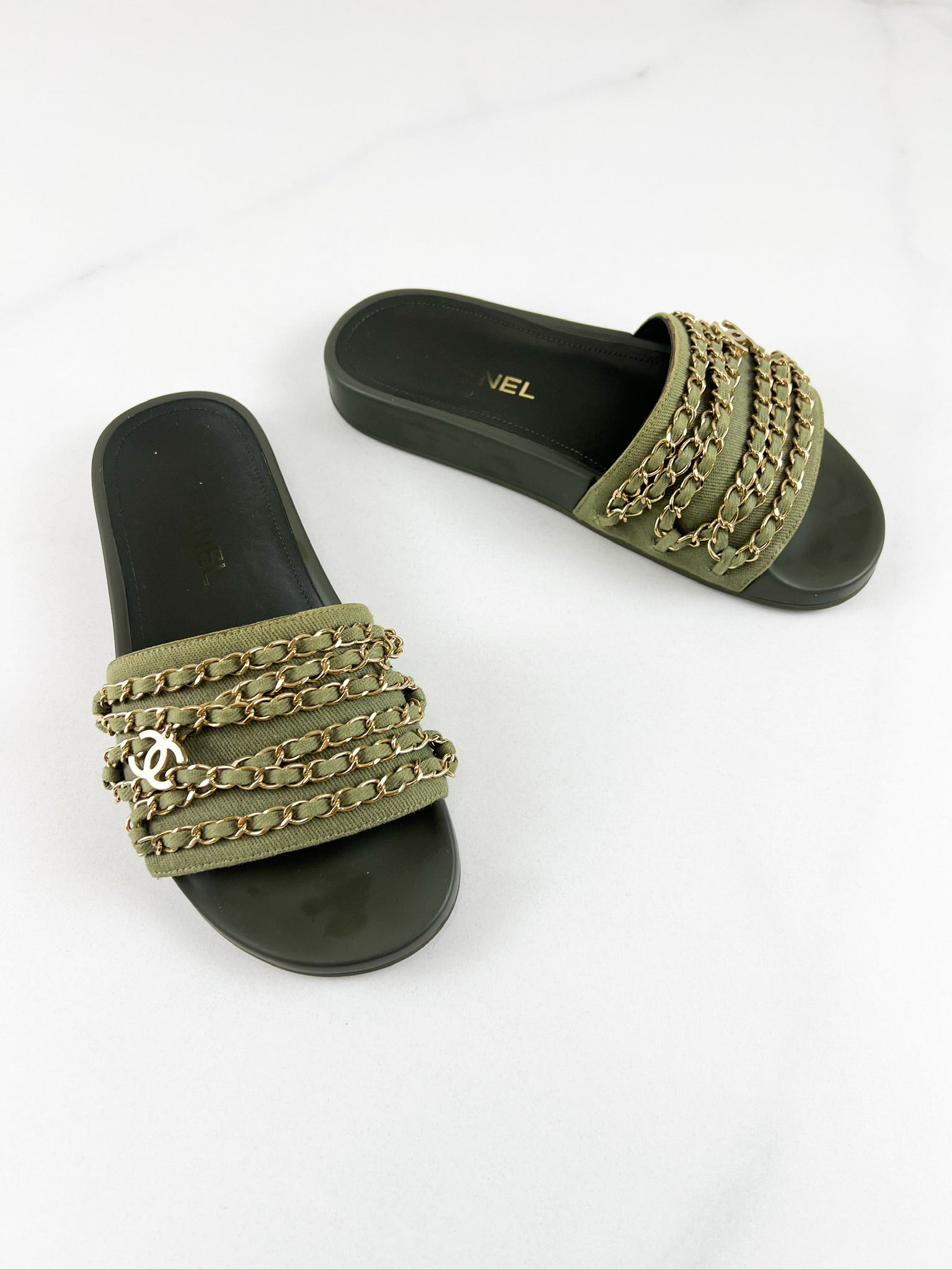 Chanel Khaki Tropiconic Chain Slides Size 37