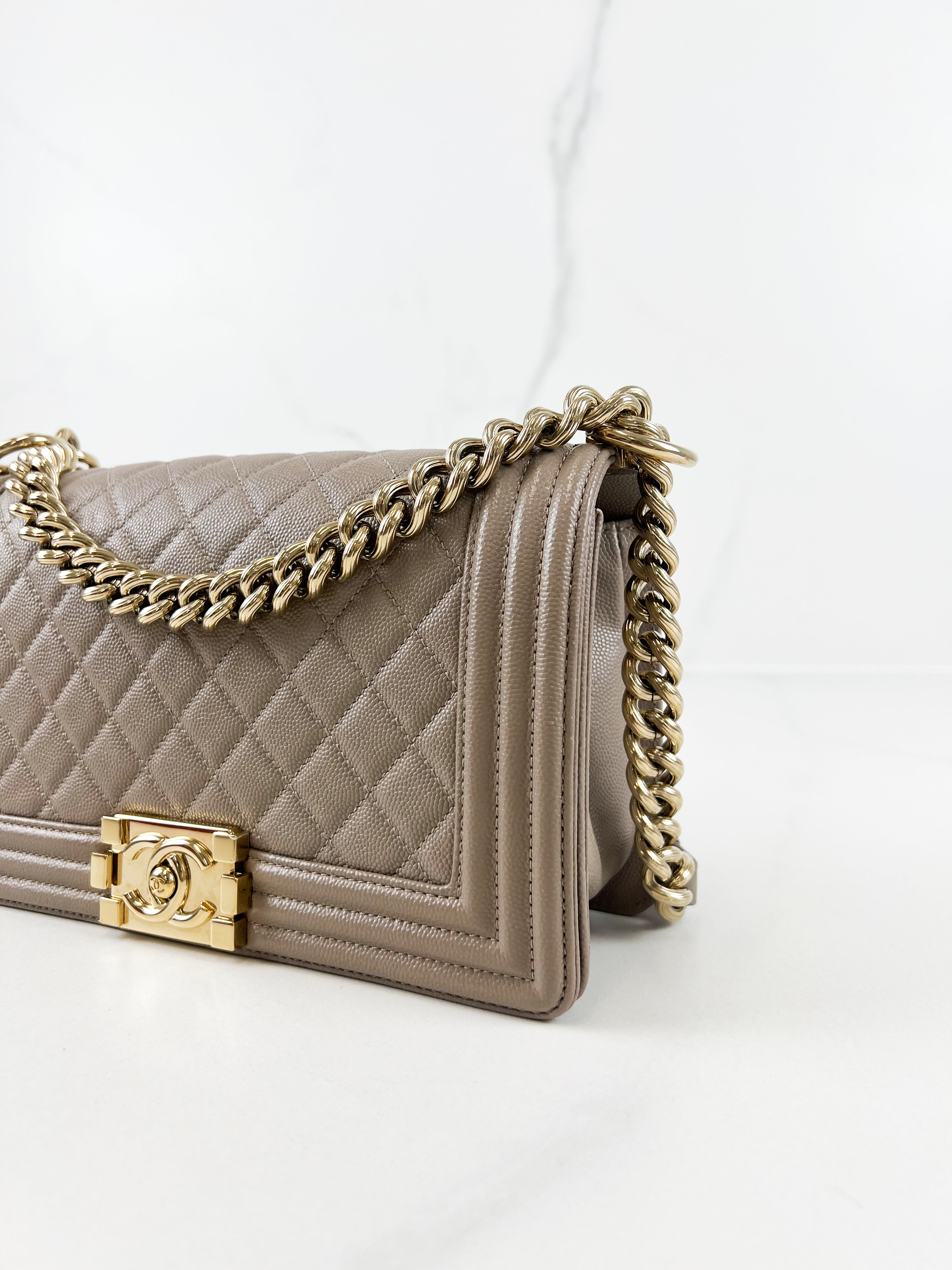 Chanel Beige Old Medium Quilted Caviar Leather Boy Bag GHW