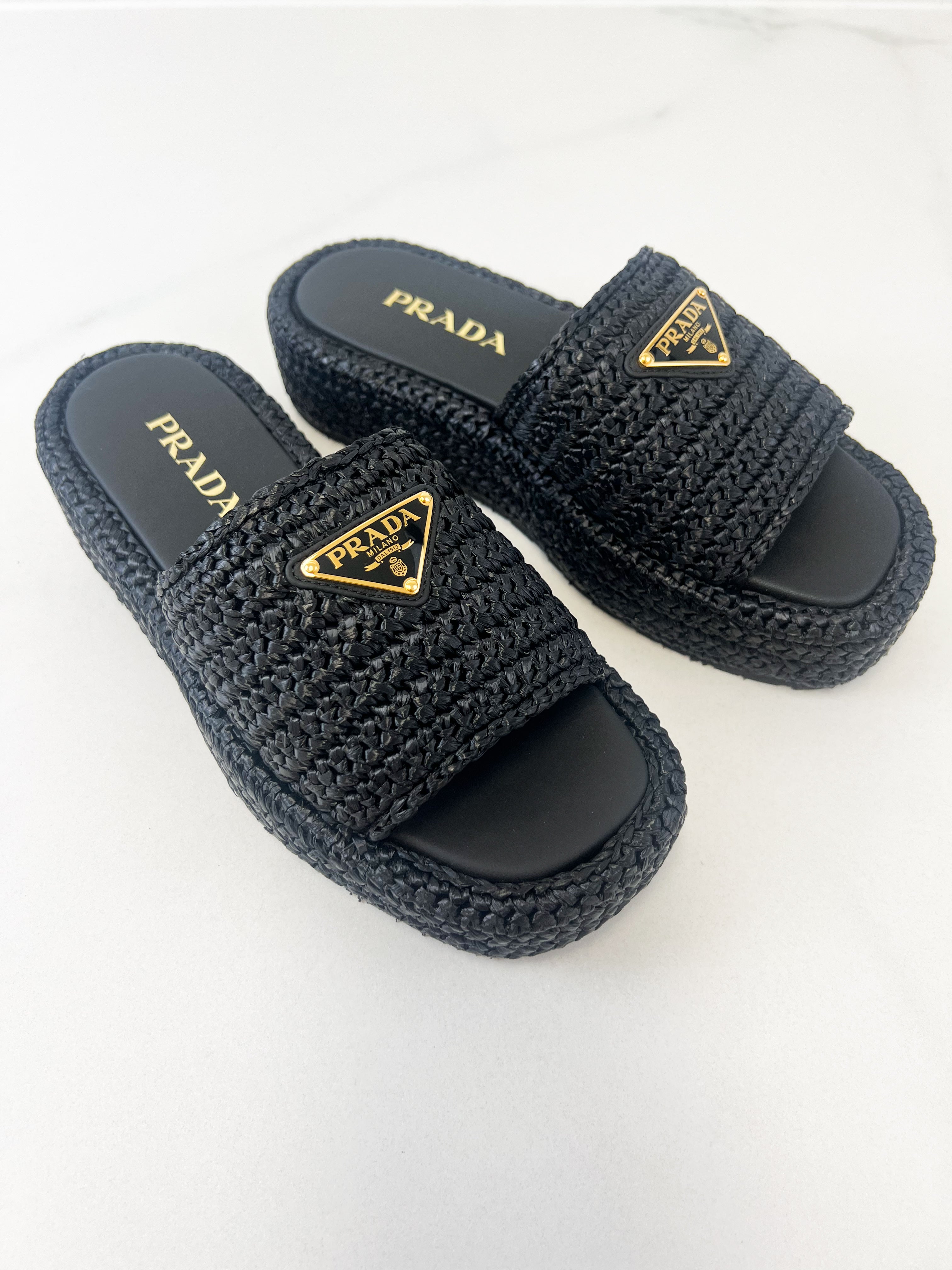 Prada Woven Flatform Sandals in Black Size 37