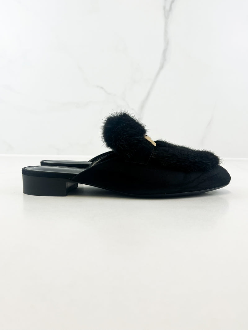 Hermes Black Suede Trocadero Mink Fur Mule Size 39