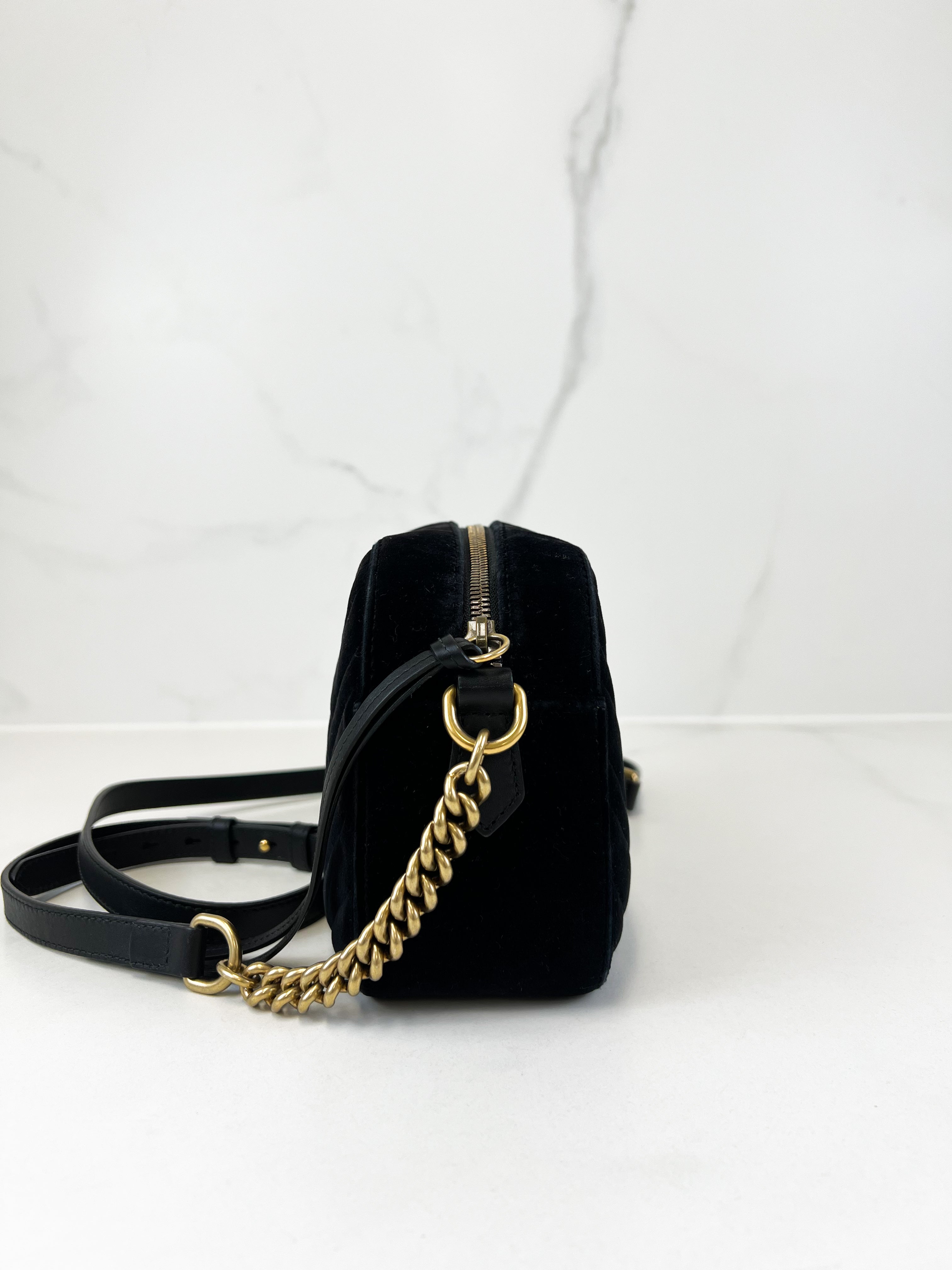 Gucci Small Velvet GG Marmont Matelasse Bag in Black