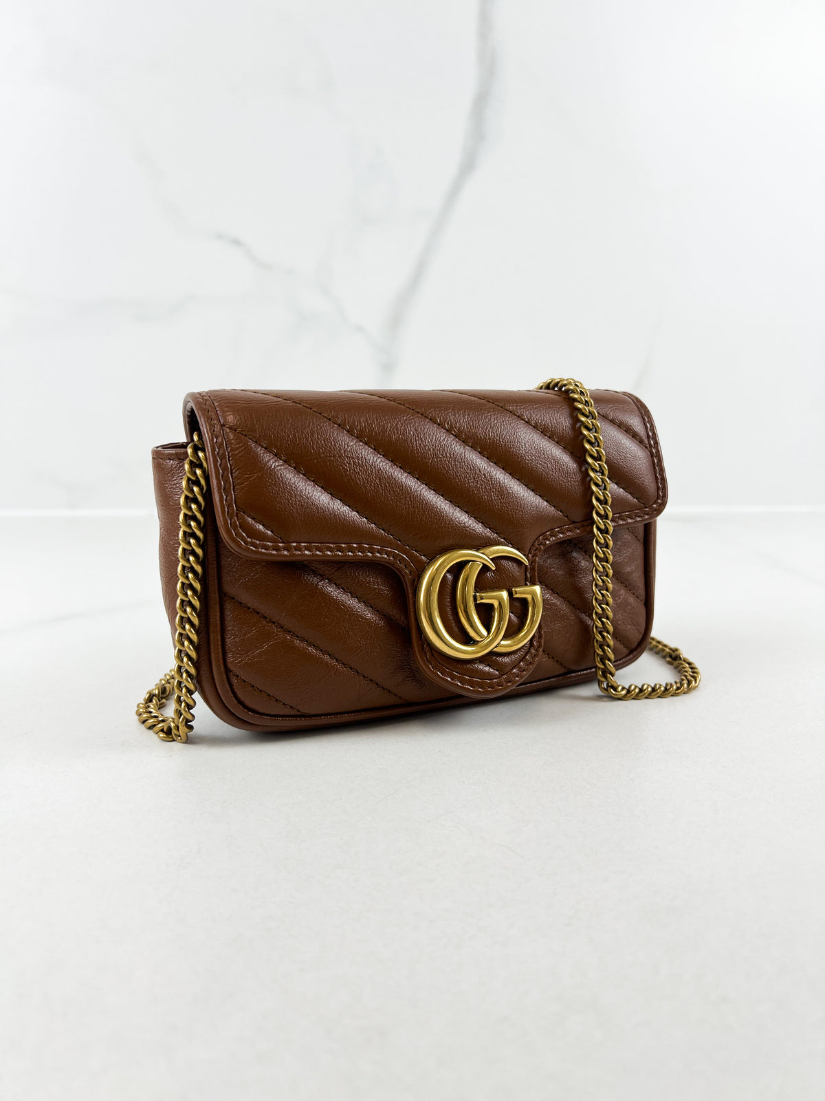 Gucci Brown Leather GG Marmont Matelasse Super Mini Bag