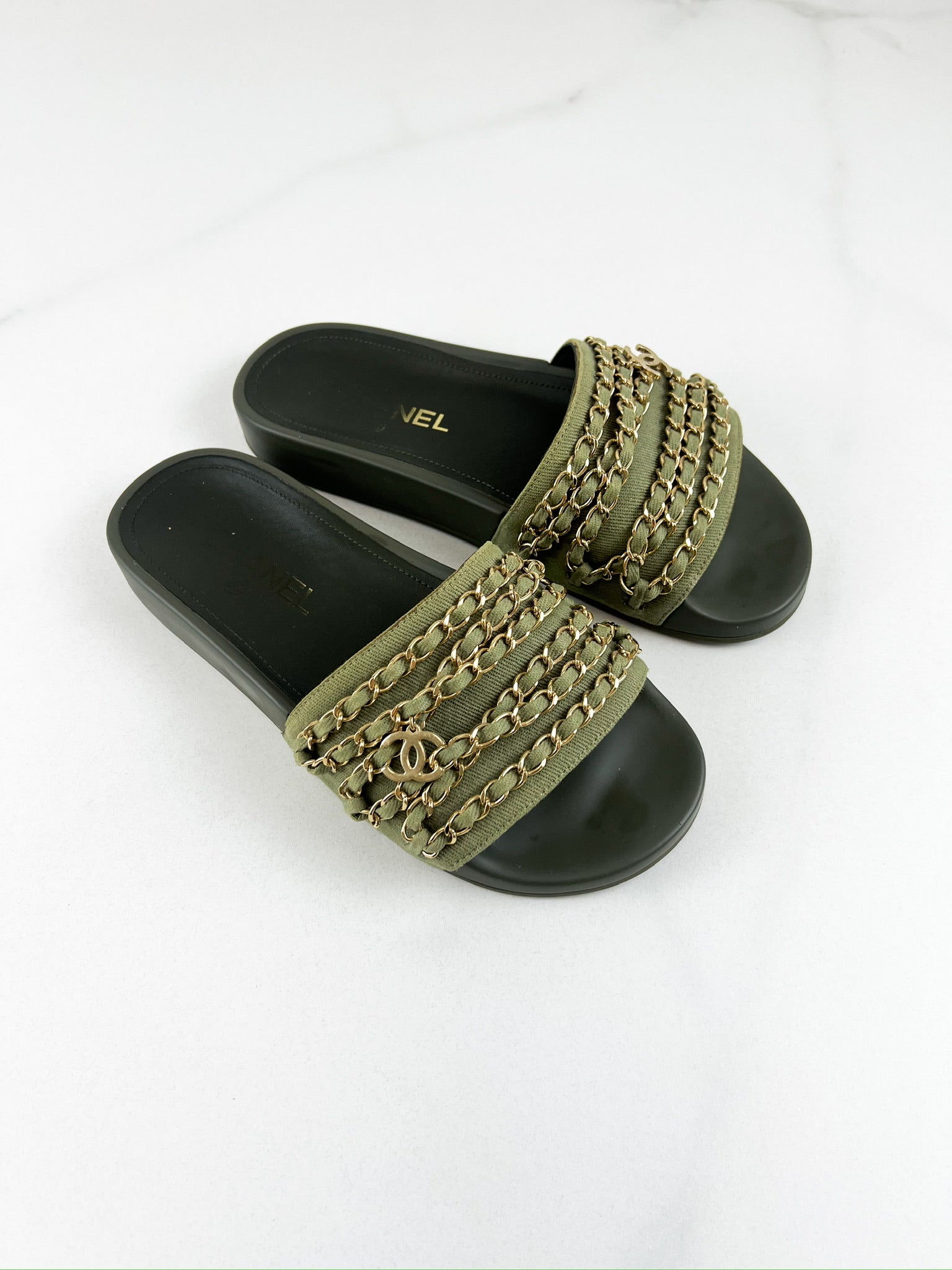 Chanel Khaki Tropiconic Chain Slides Size 37