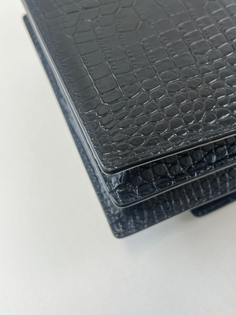 Saint Laurent Sunset Medium Black Croc Shoulder Bag with SHW
