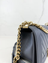 Chanel Charcoal Grey Old Medium Chevron Lambskin Boy Bag with Light Champagne GHW