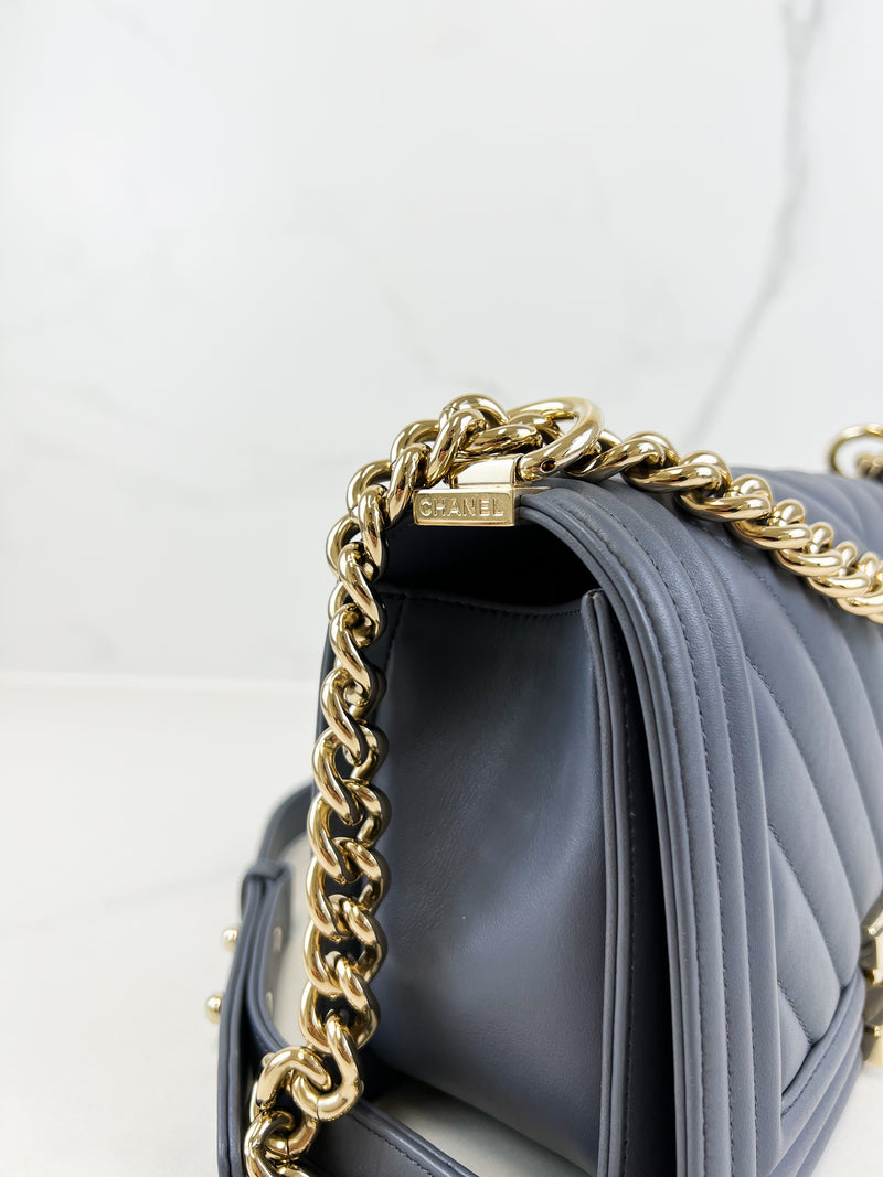 Chanel Charcoal Grey Old Medium Chevron Lambskin Boy Bag with Light Champagne GHW