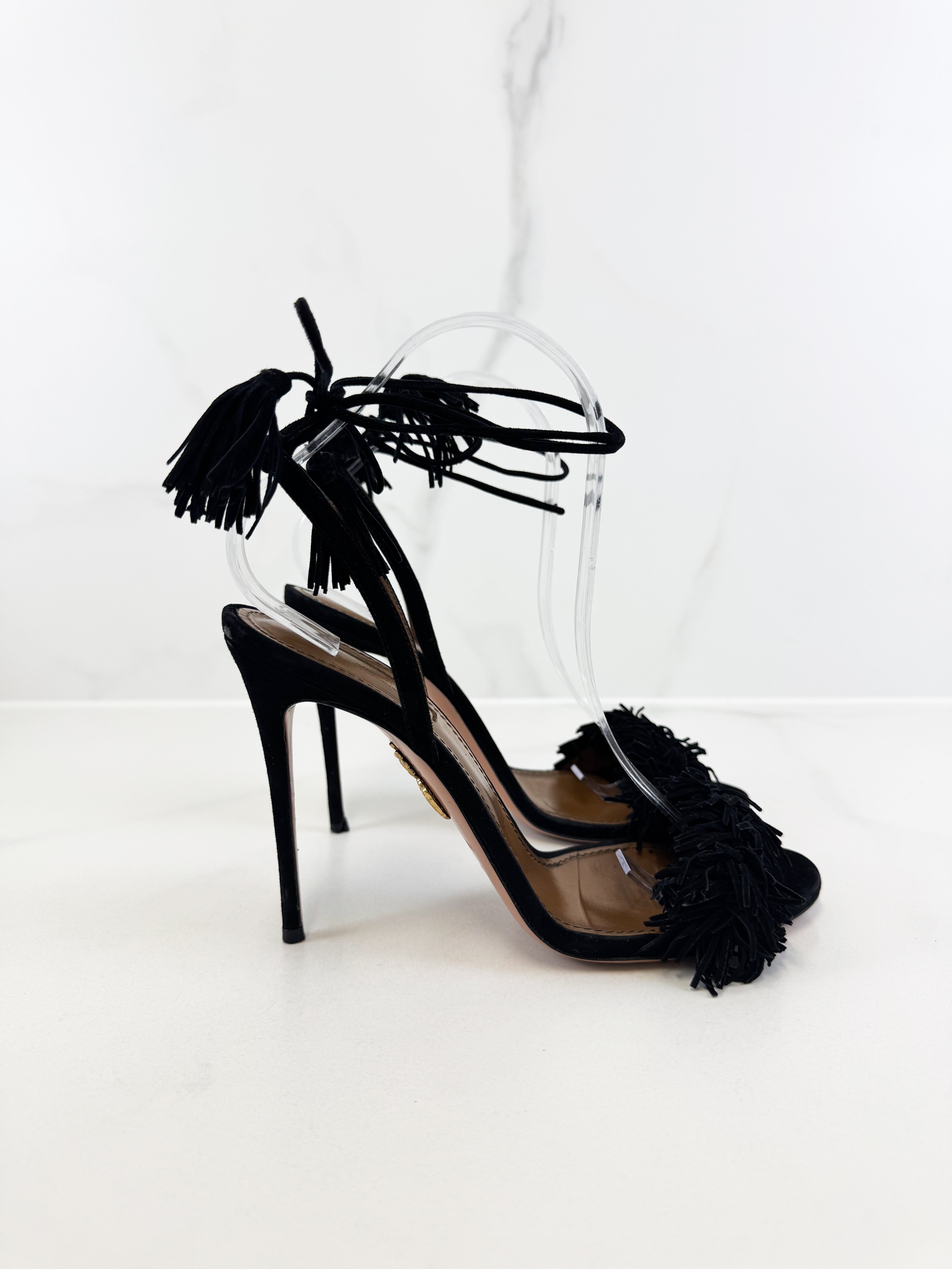 Aquazzura Black Suede Wild Thing Ankle Wrap Sandals Size 38.5