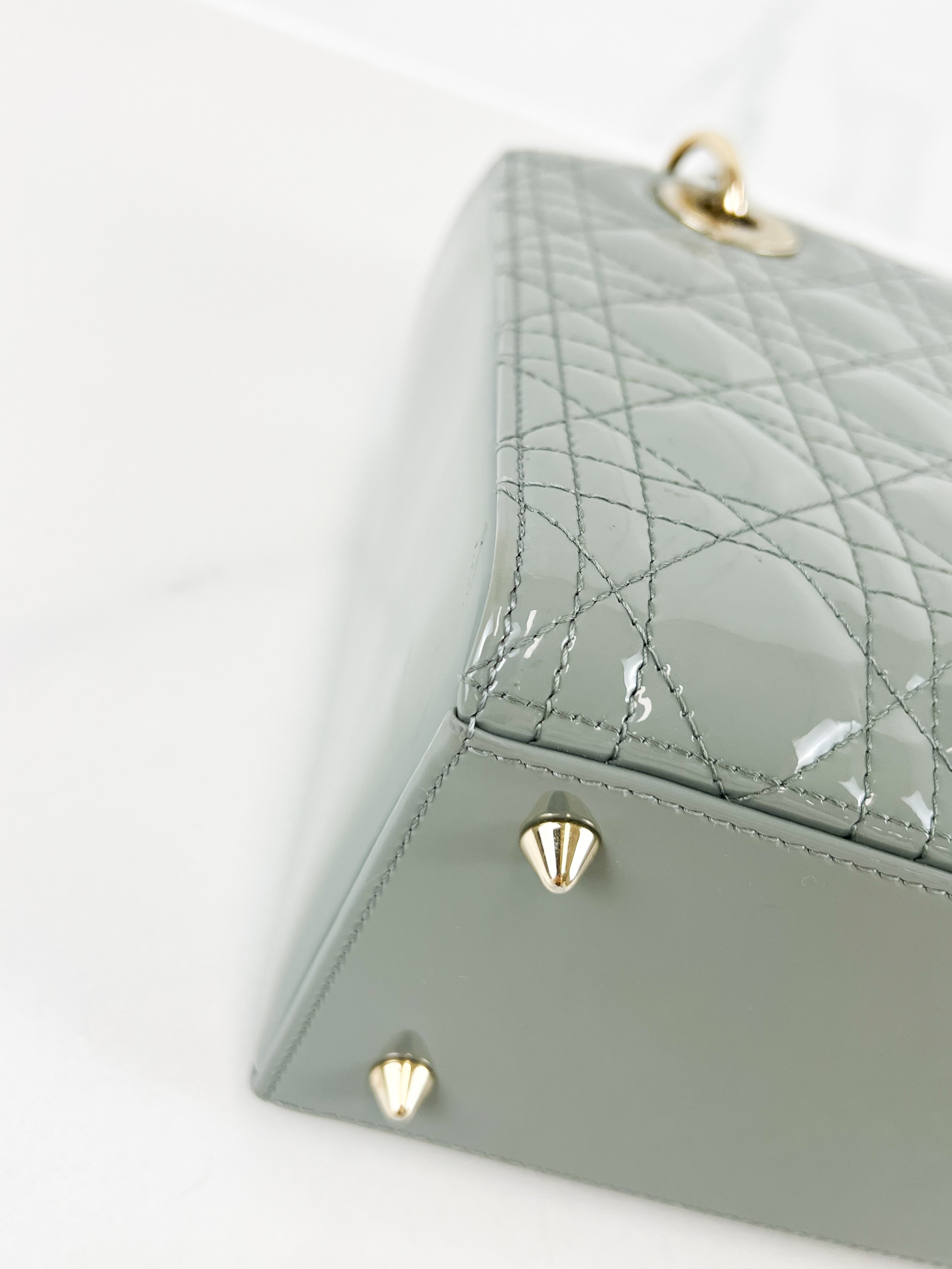 Christian Dior Medium Lady Dior In Grey Patent with GHW