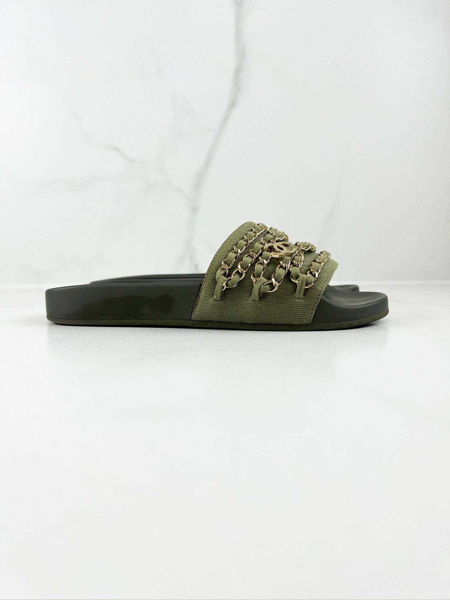 Chanel Khaki Tropiconic Chain Slides Size 37