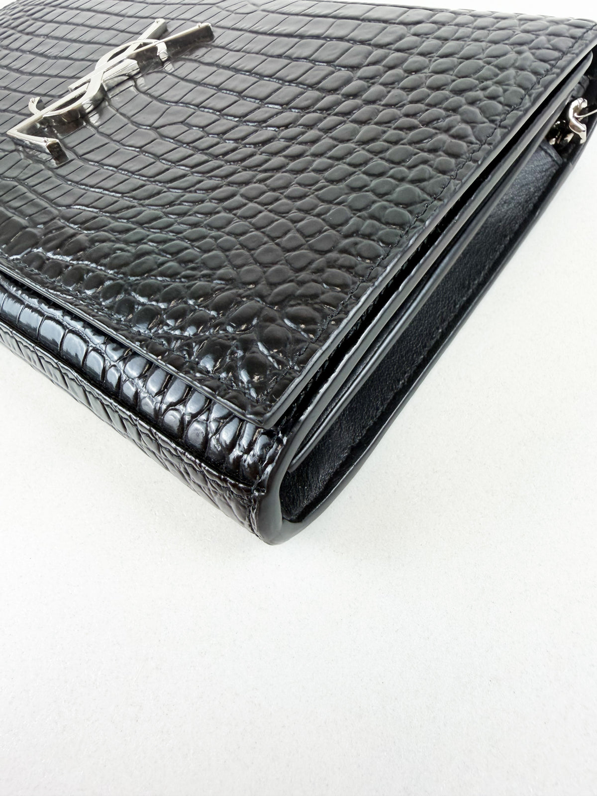 Saint Laurent Black Kate Chain Bag in Embossed Croc Leather