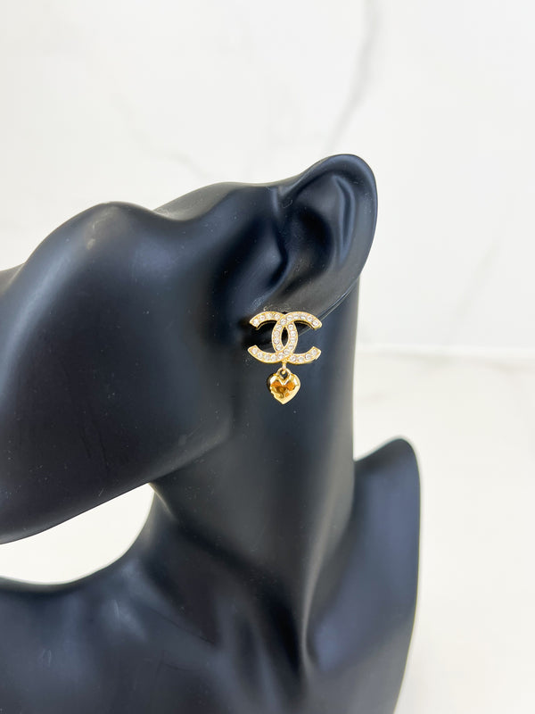 Chanel CC Crystal Stud Earrings with Heart Drop