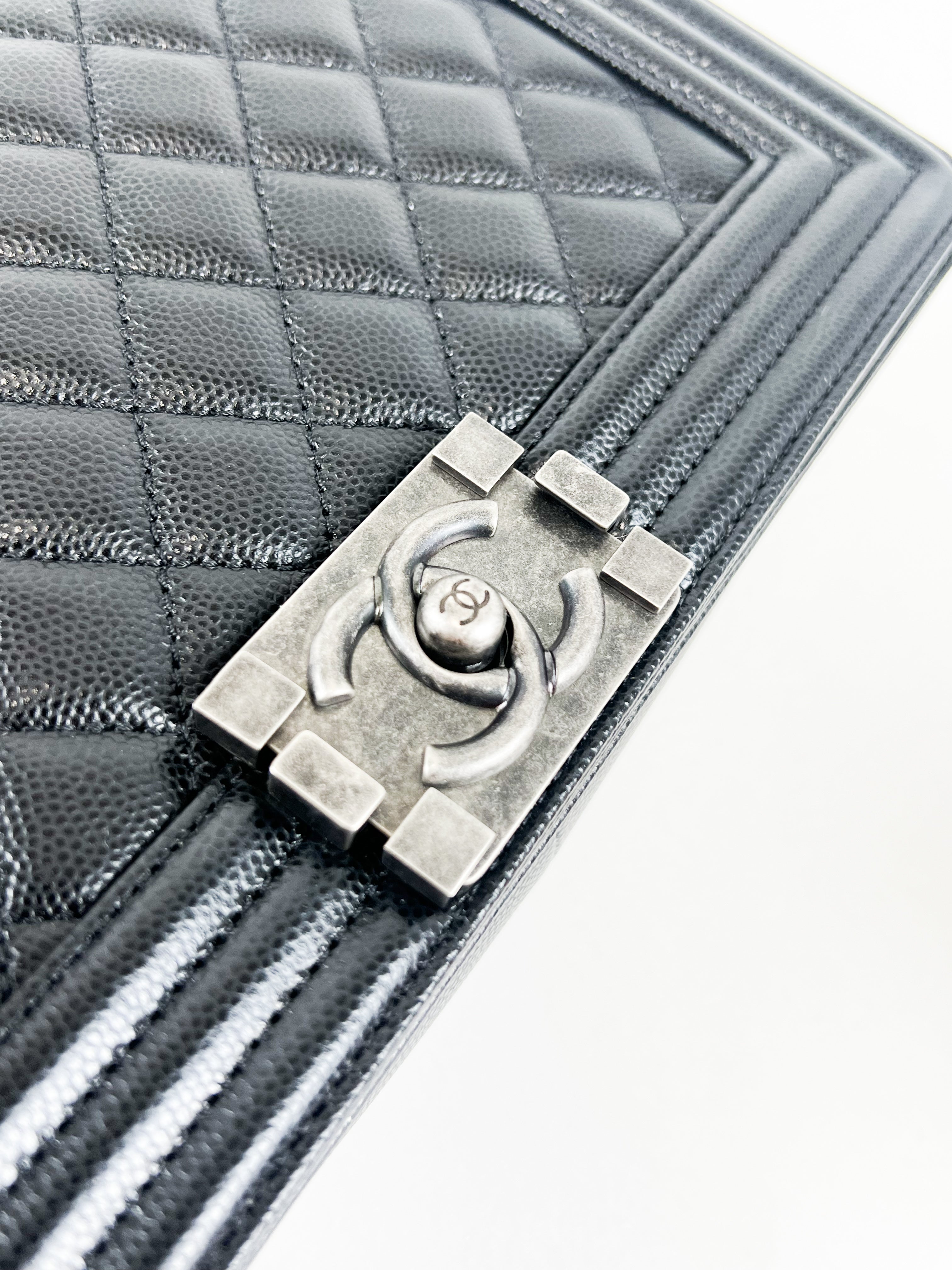 Chanel Old Medium Boy Bag in Black Quilted Caviar with Ruthenium Hardware