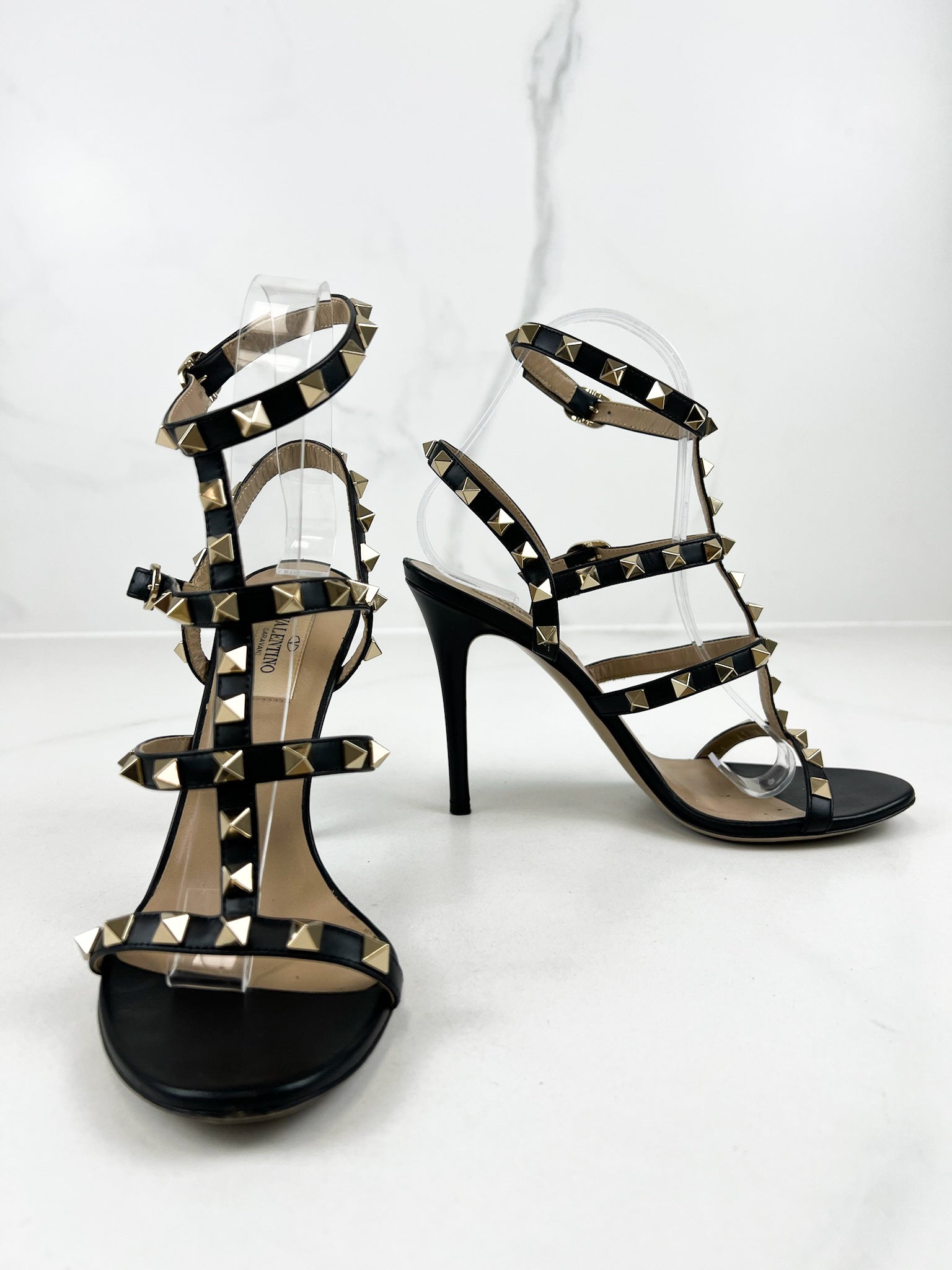 Valentino Garavani Caged Black Rockstud Ankle Strap Sandal Size 36.5