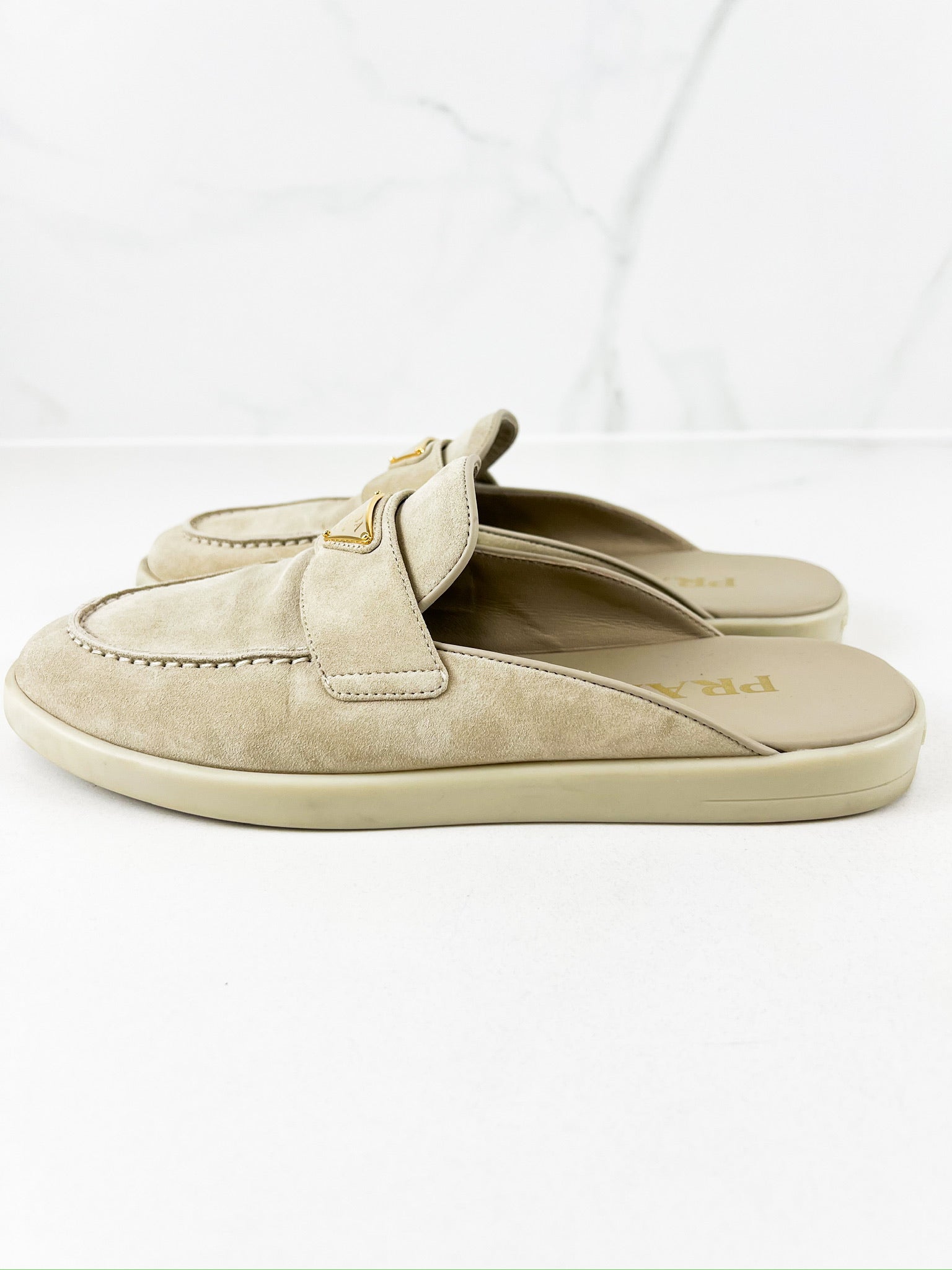 Prada Beige Suede Logo Mules Size 38