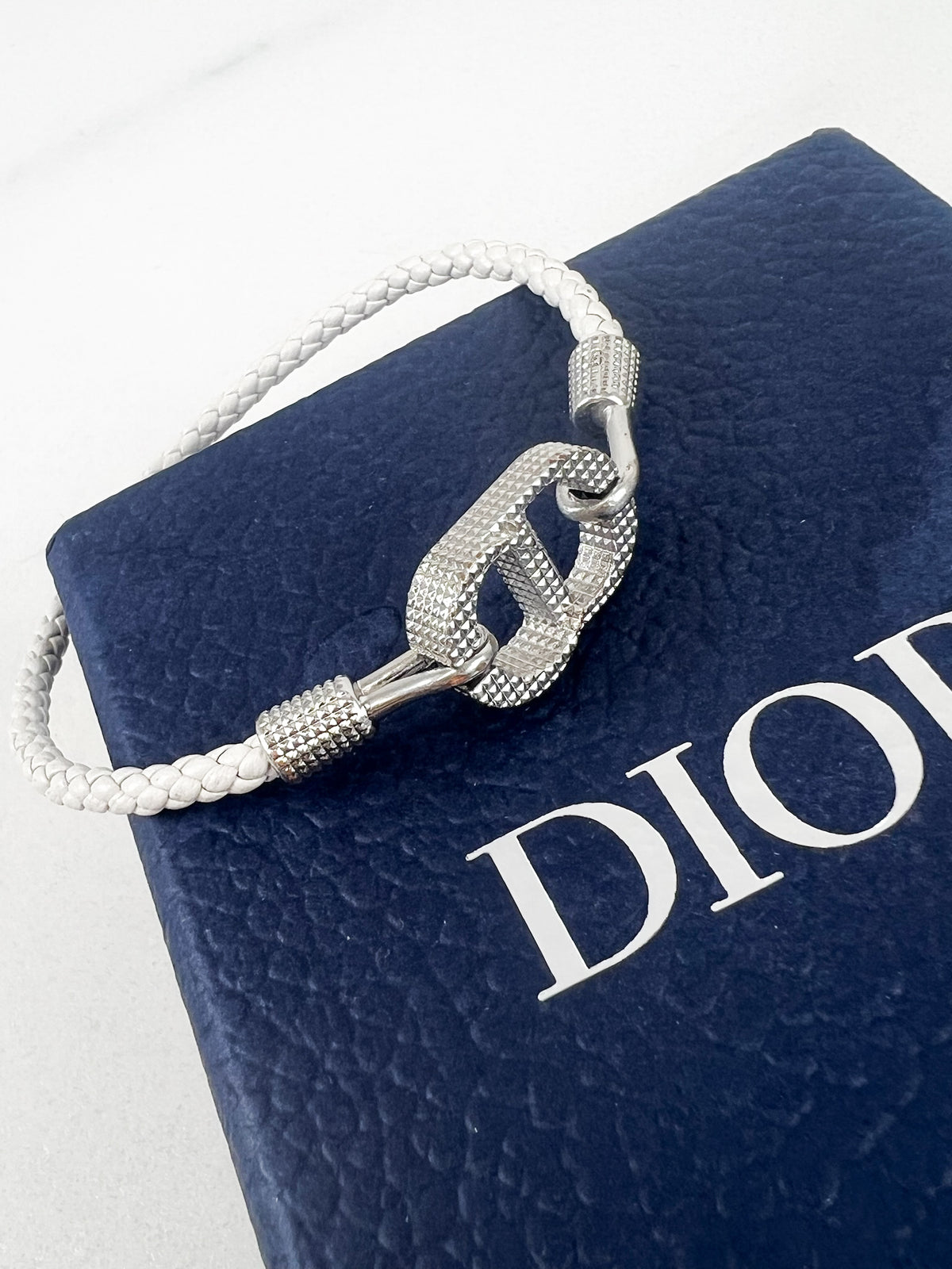 Christian Dior CD Icon Woven Leather Bracelet in White