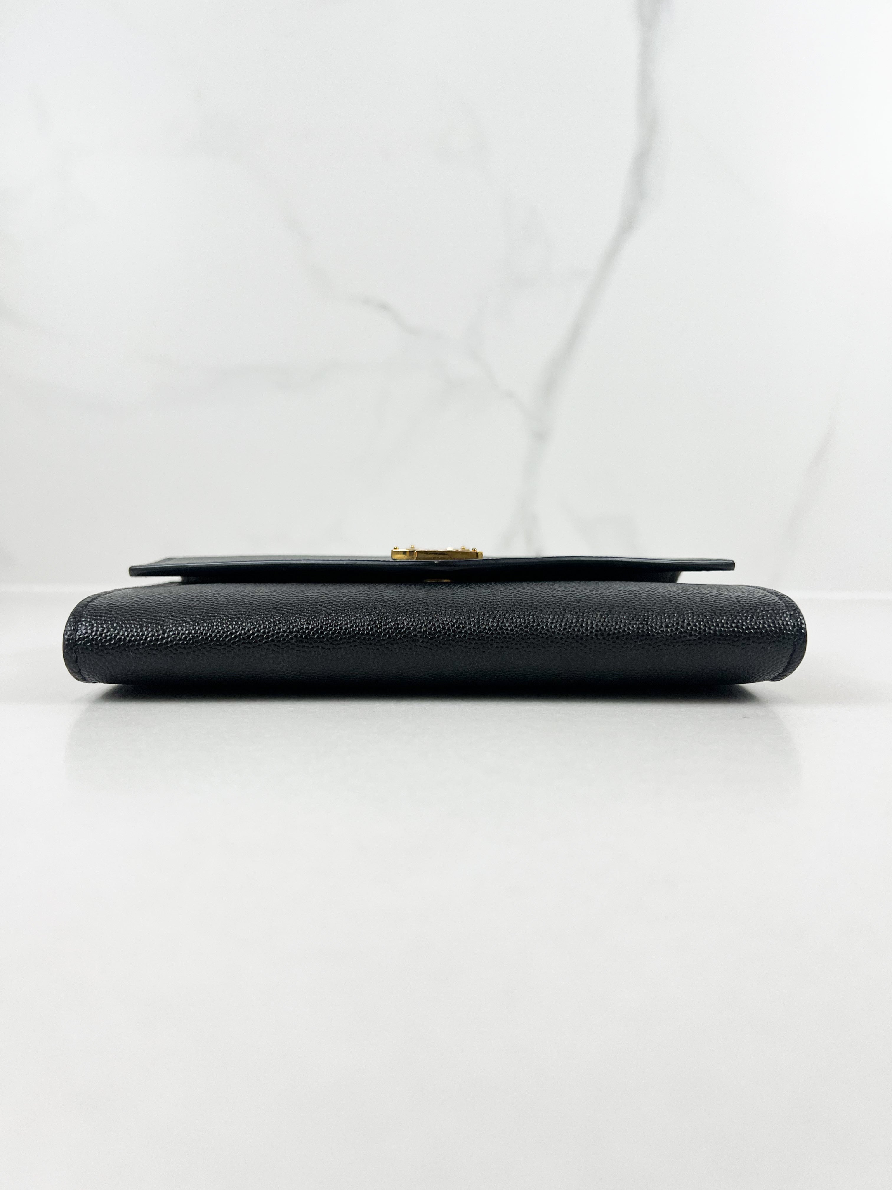 Saint Laurent Black Grained Leather Envelope Wallet on Chain with GHW