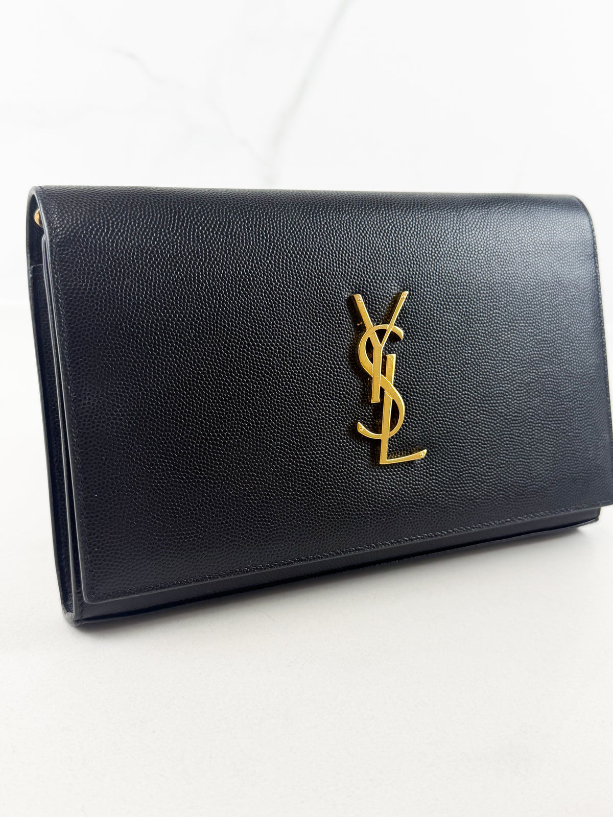 Saint Laurent Small Black Kate Chain Bag in Grain De Poudre Embossed Leather with GHW