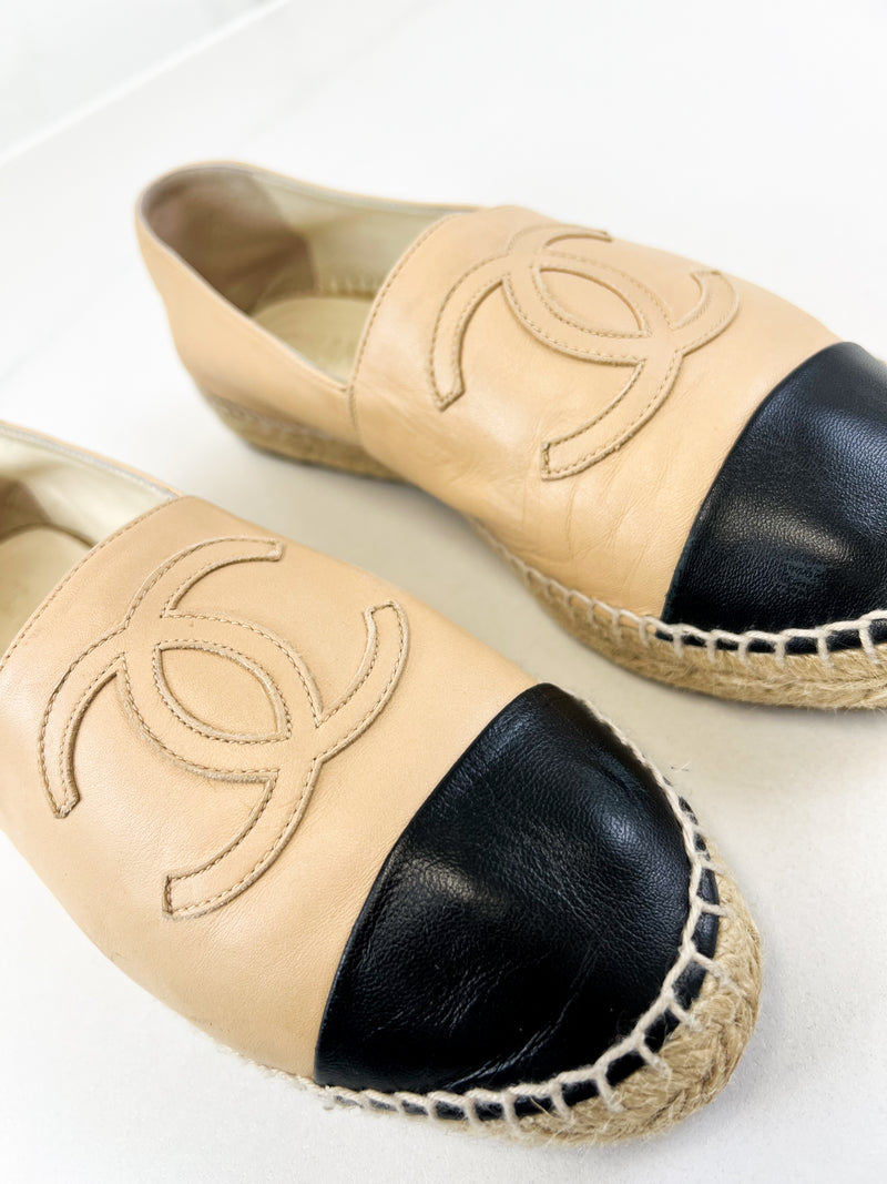 Chanel CC Logo Black & Beige Leather Espadrilles Size 38