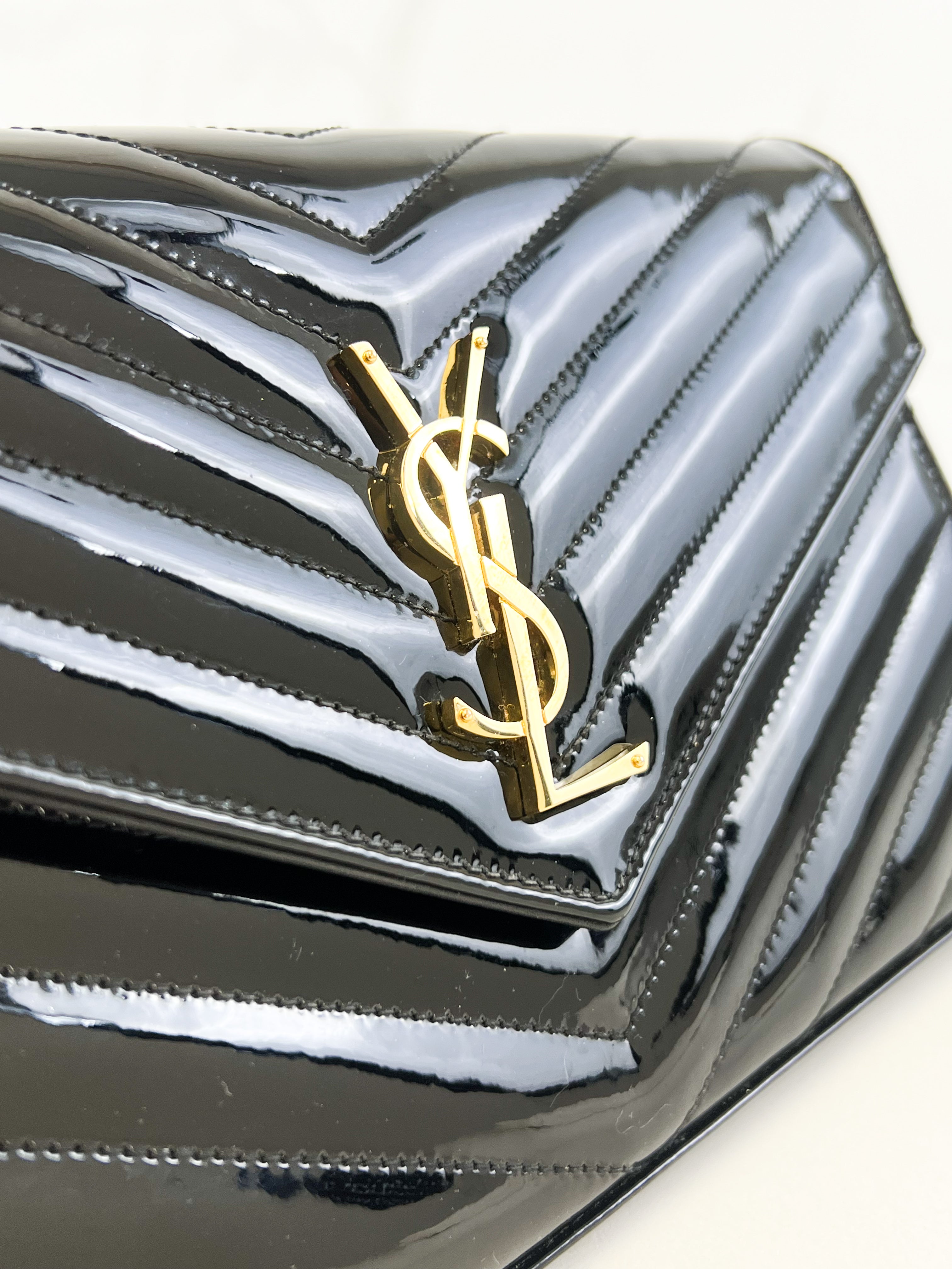 Saint Laurent Patent Black Cassandre Chain WOC with GHW