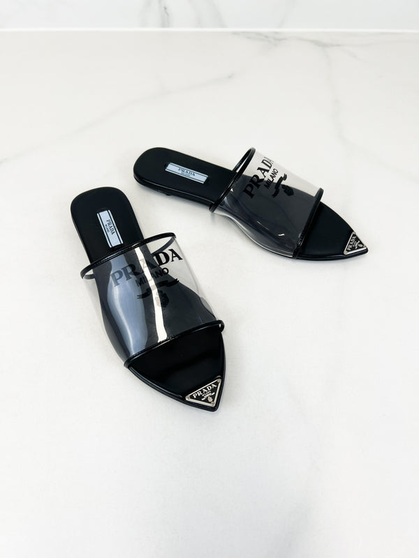 Prada Logo Print Plexiglass Flat Mule Size 37.5