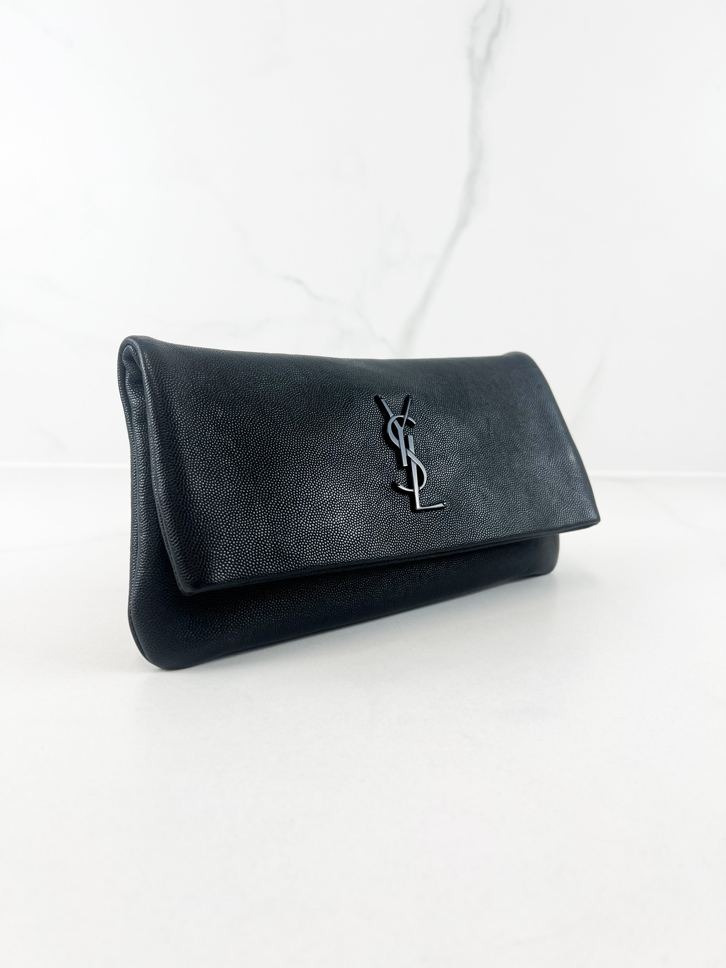 Saint Laurent Hollywood Fold Over Clutch in Black Grained Calfskin