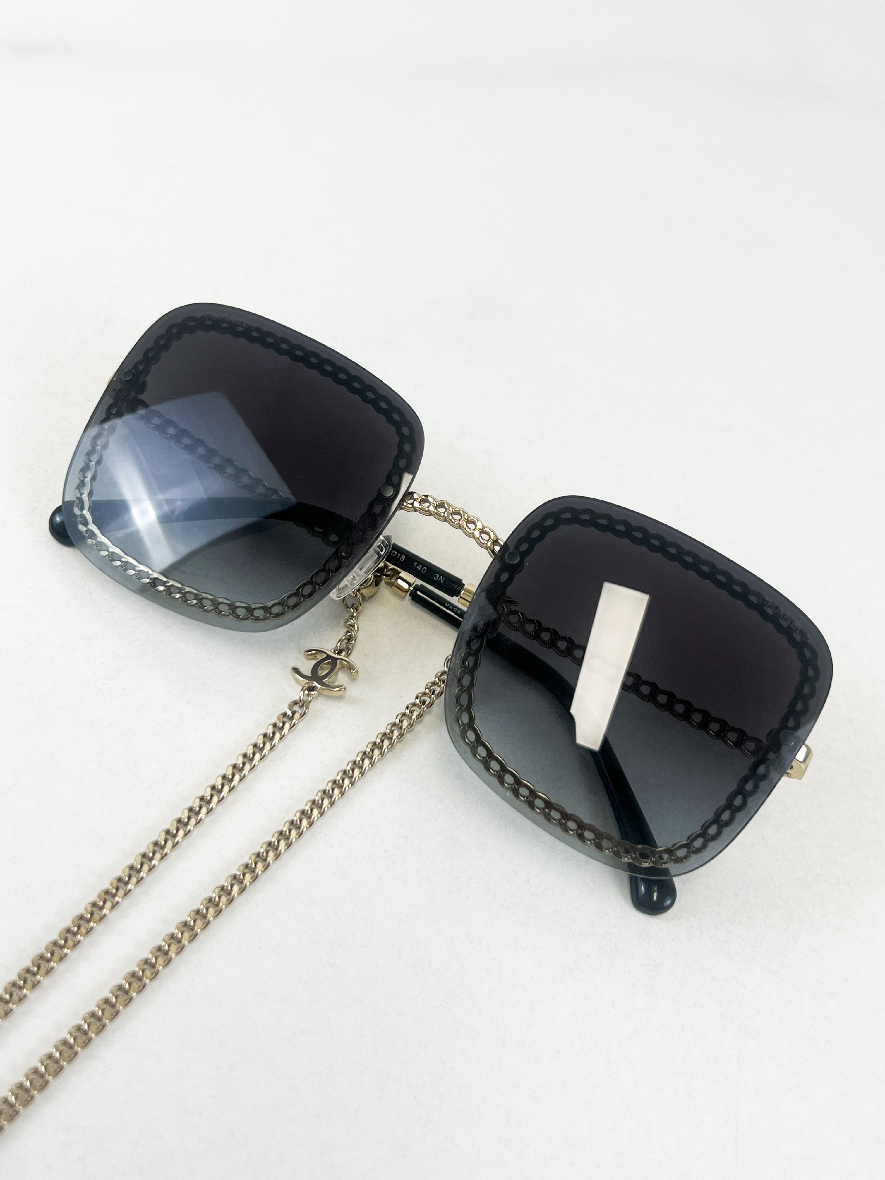 Chanel Rectangle Gunmetal Grey Sunglasses with Chain
