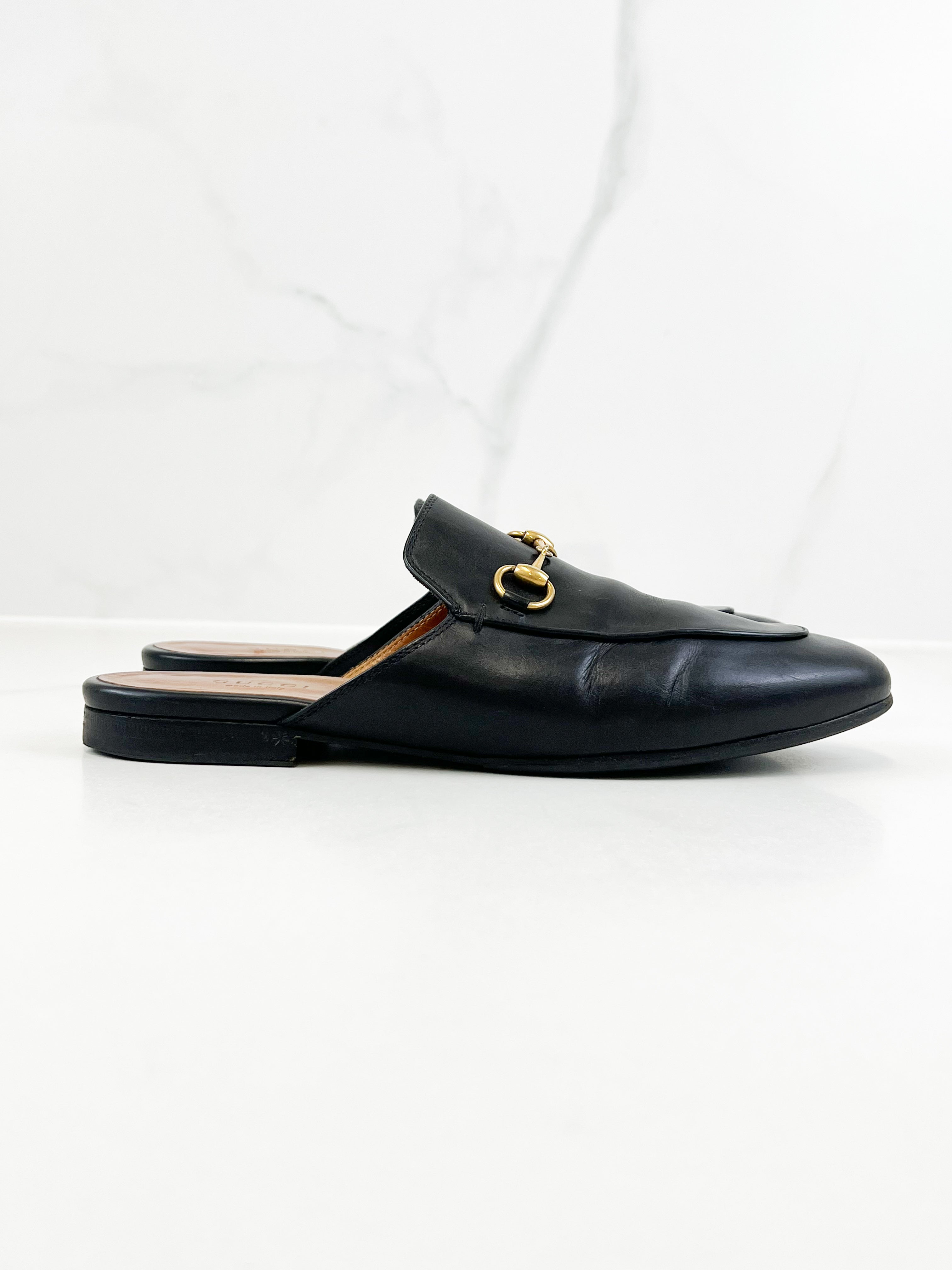 Gucci Black Leather Princetown Horsebit Slipper Size 37.5