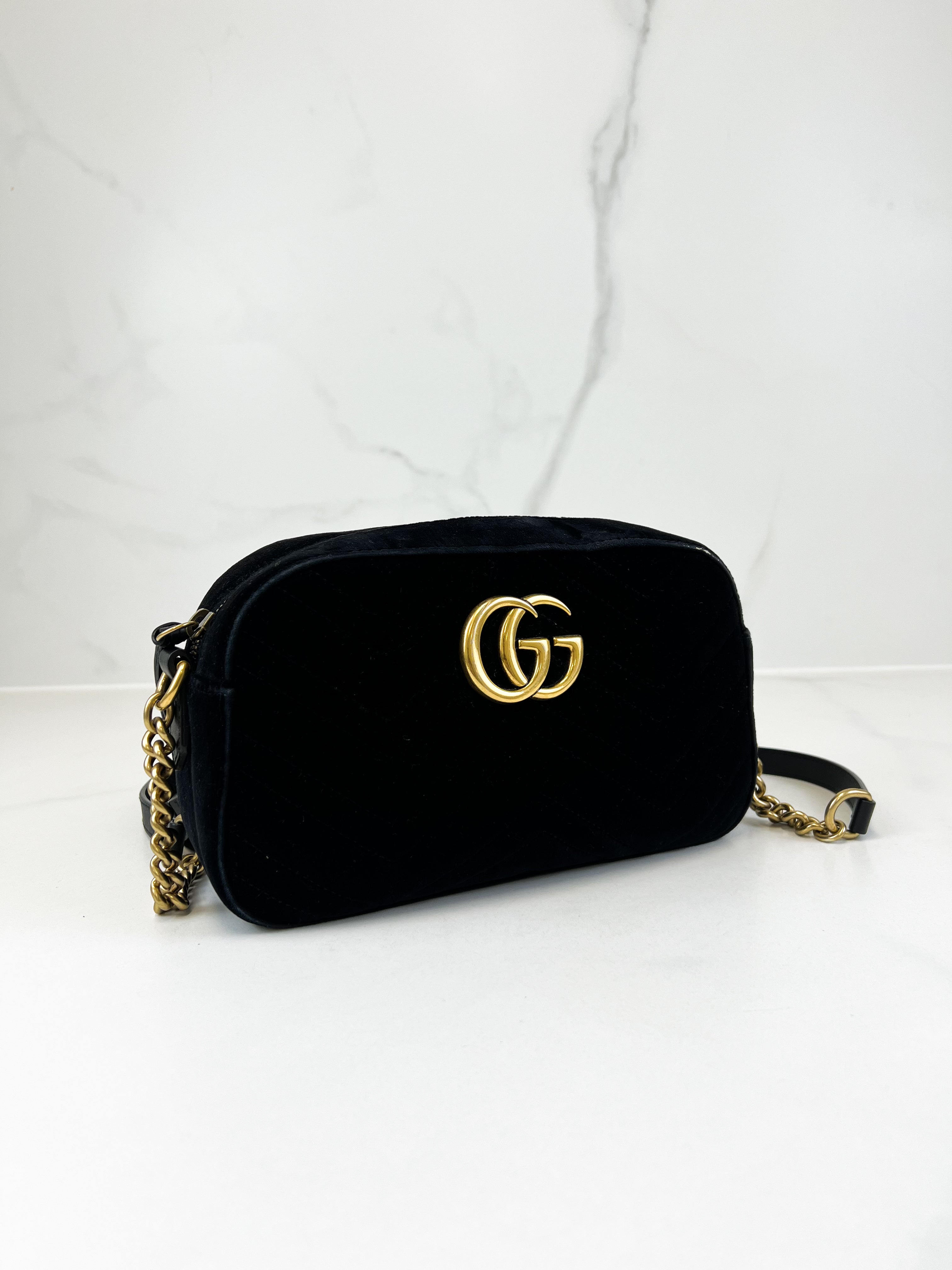 Gucci Small Velvet GG Marmont Matelasse Bag in Black