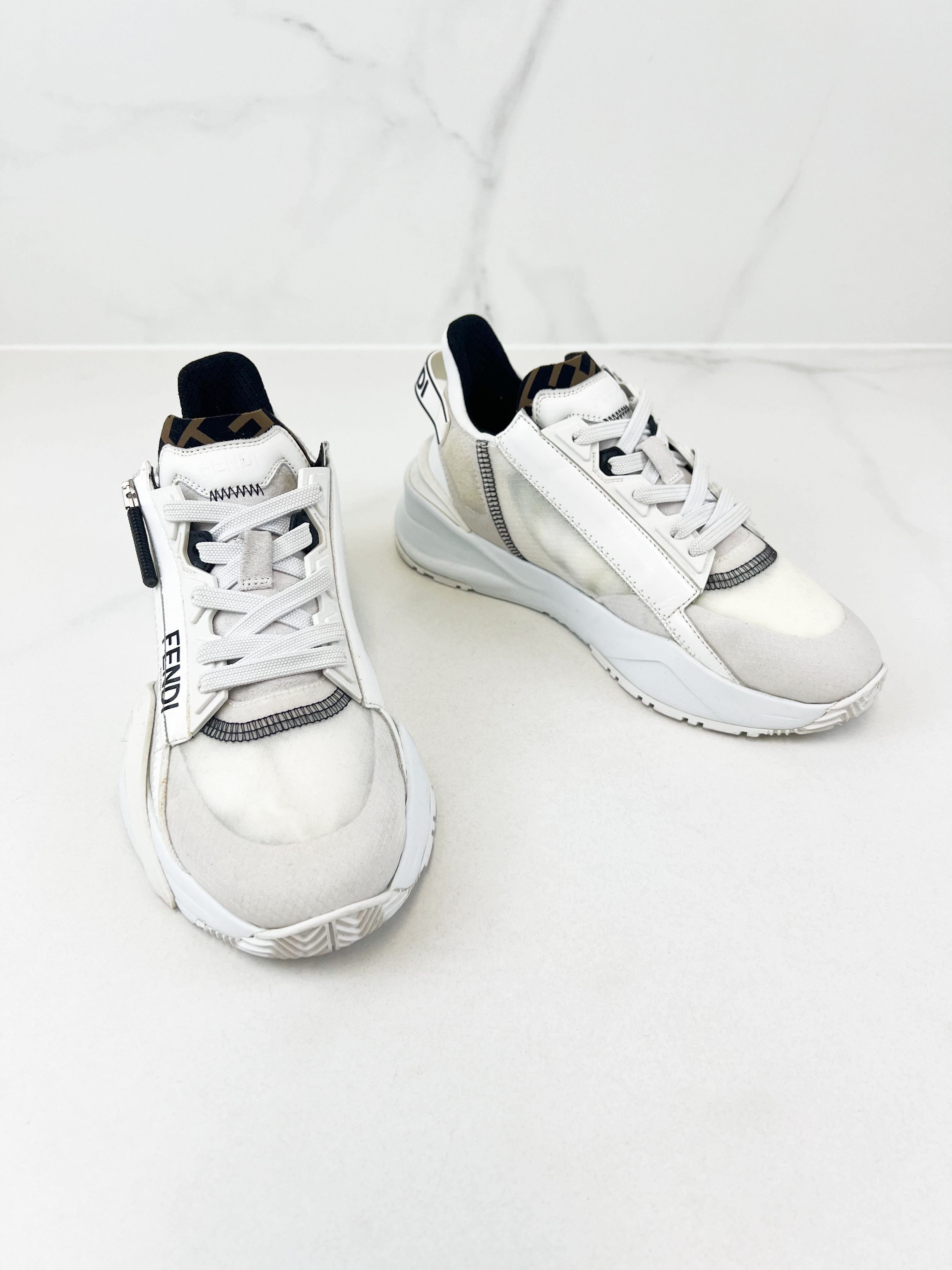 Fendi Flow Sneaker White Nylon & Suede Low Top Size 36