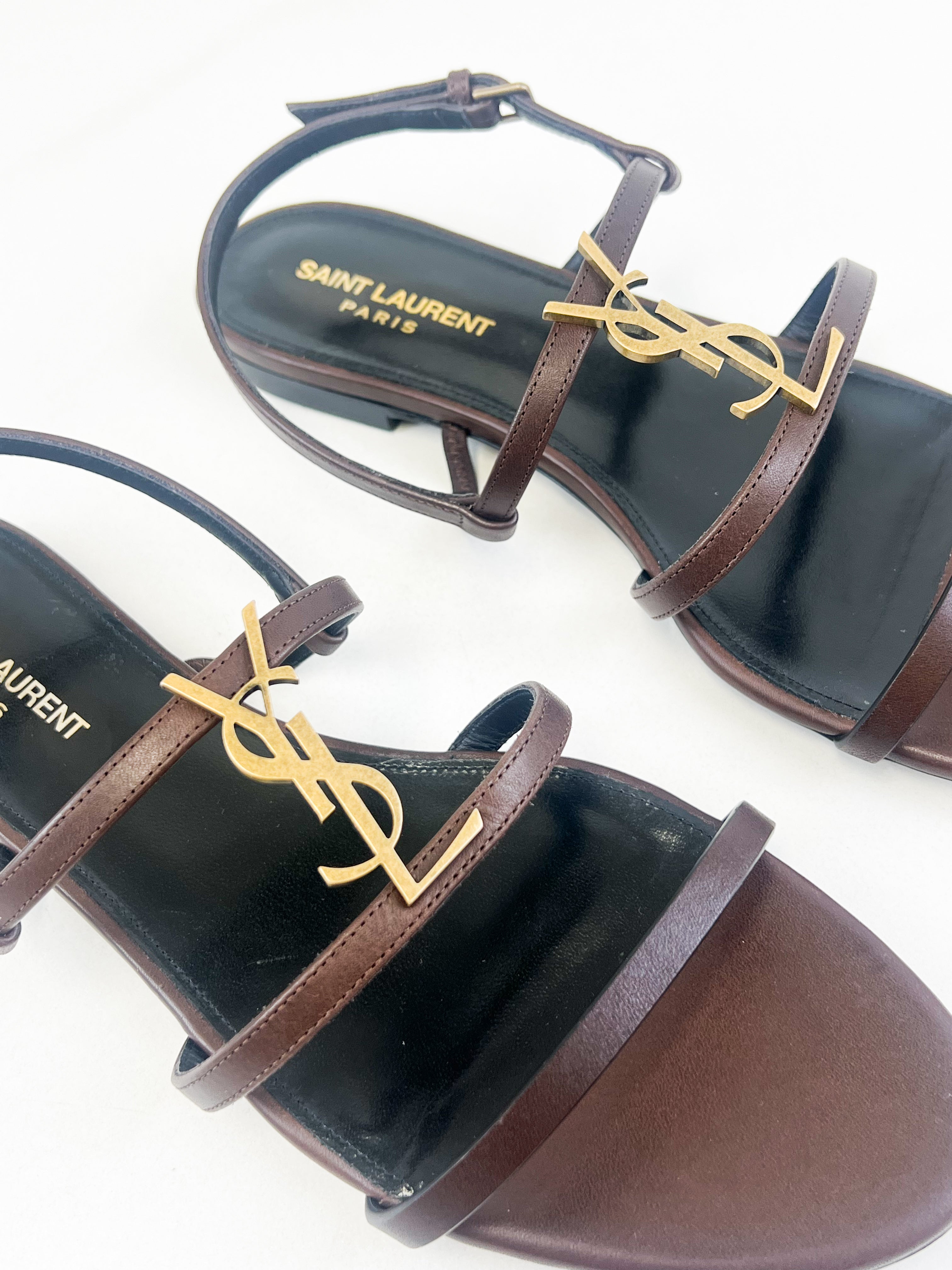 Saint Laurent Cassandra Flat Sandal in Chocolate Patent Leather Size 41