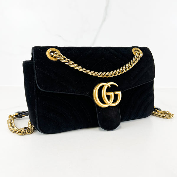 Gucci GG Marmont Matelasse Small Velvet Flap Shoulder Bag Black
