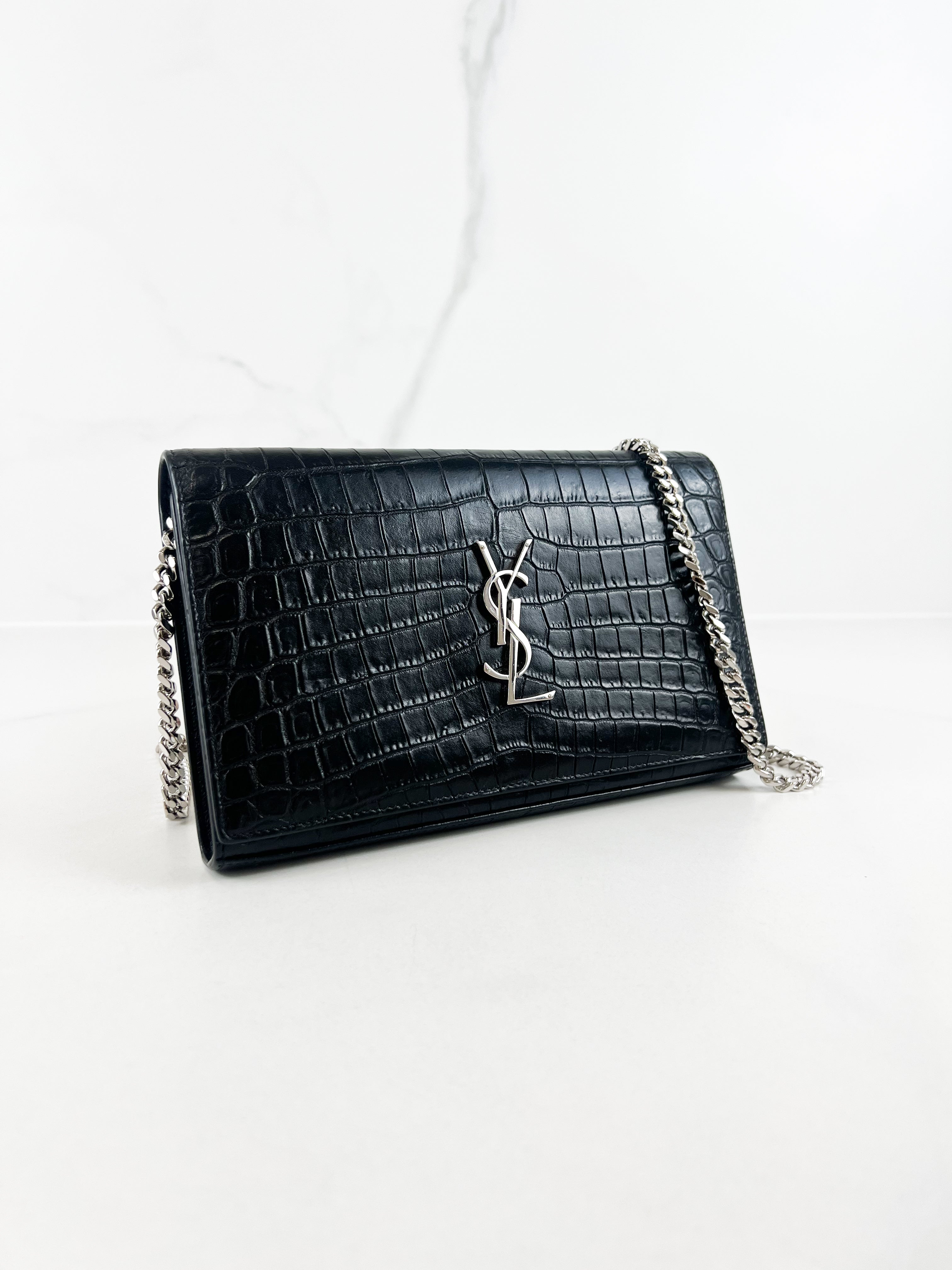 Saint Laurent Black Kate Chain Bag in Embossed Croc Leather