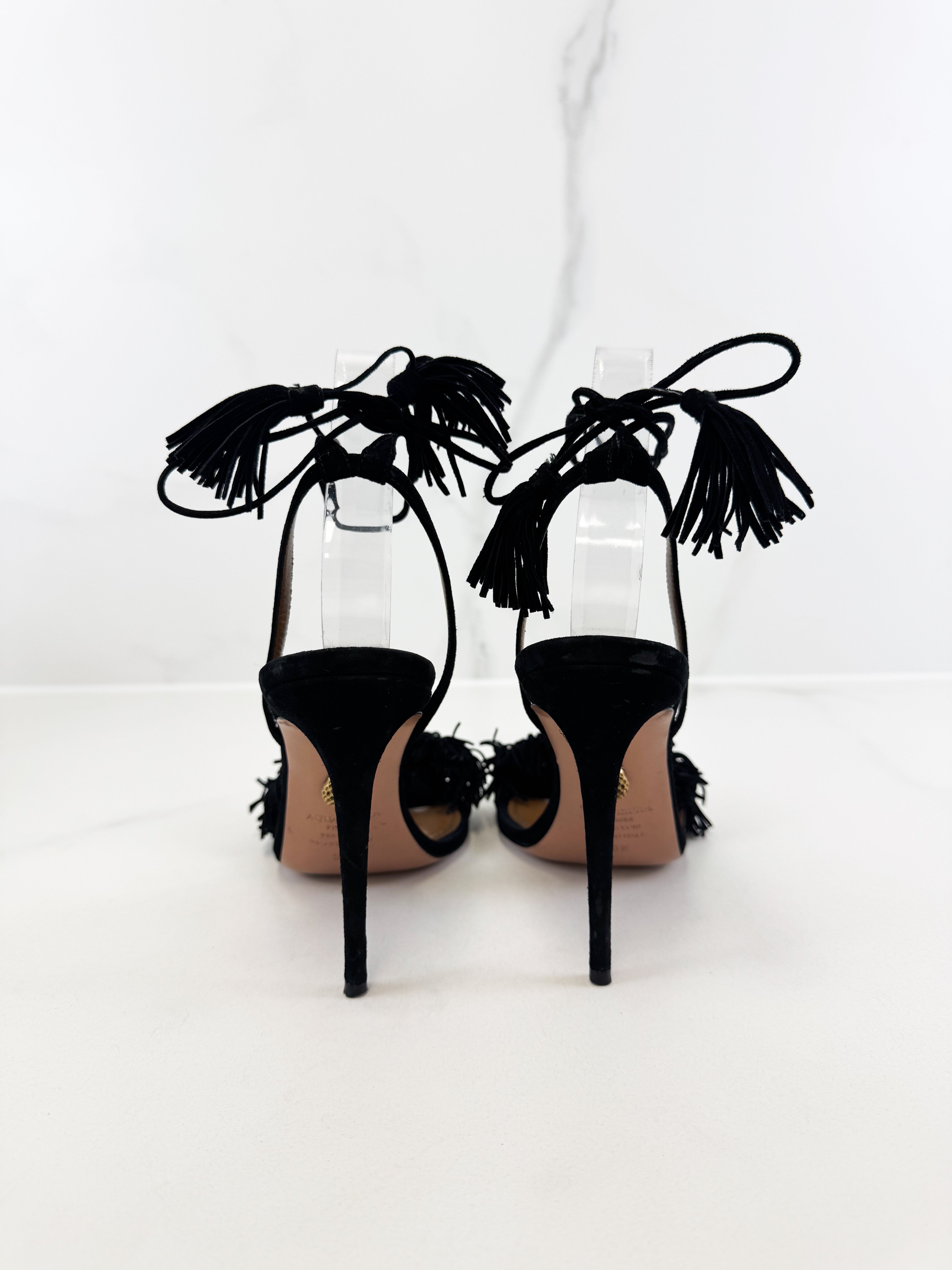 Aquazzura Black Suede Wild Thing Ankle Wrap Sandals Size 38.5