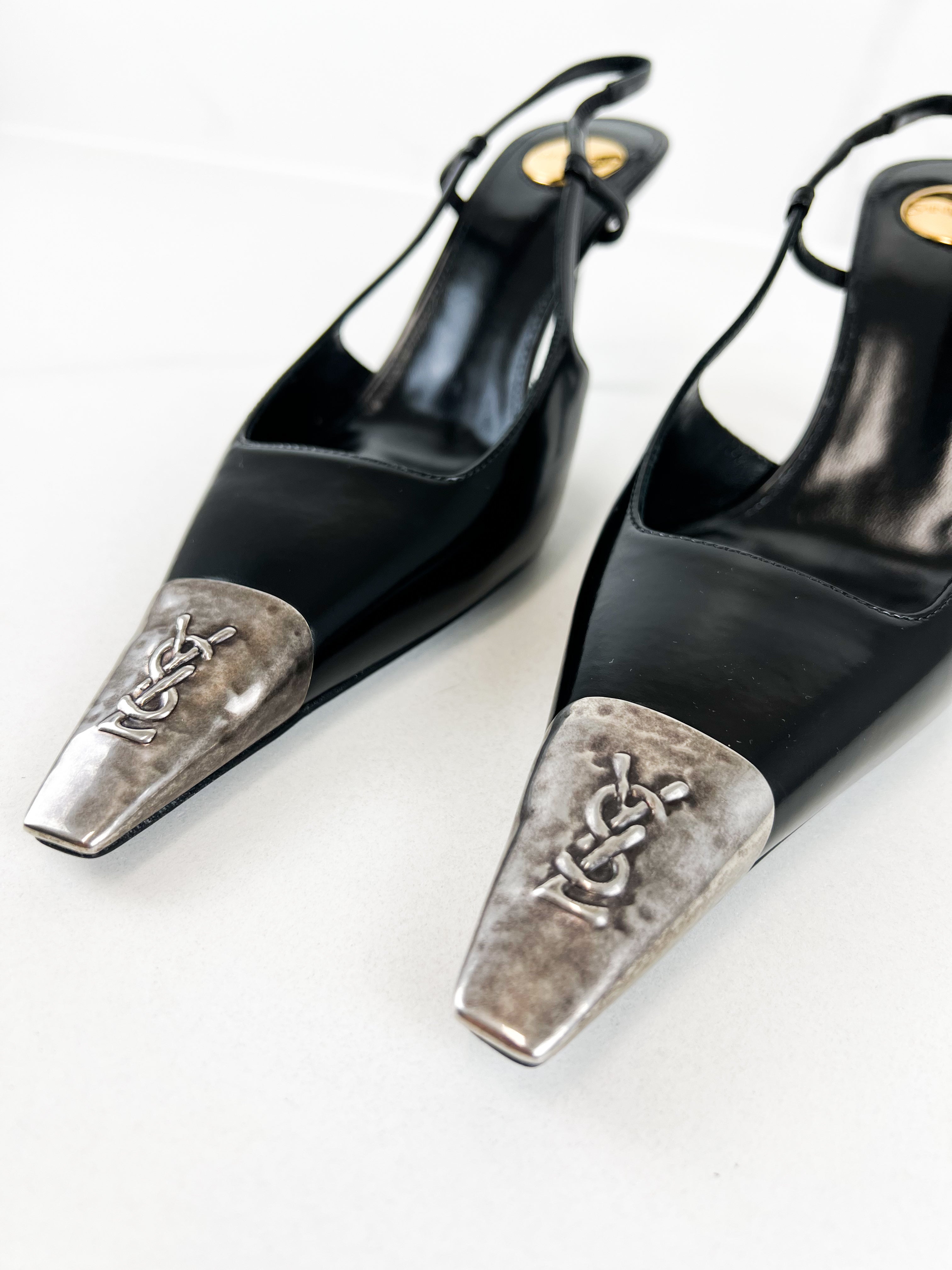 Saint Laurent Jenne Leather Pumps with Silver-tone Metal Cap Toe Size 36