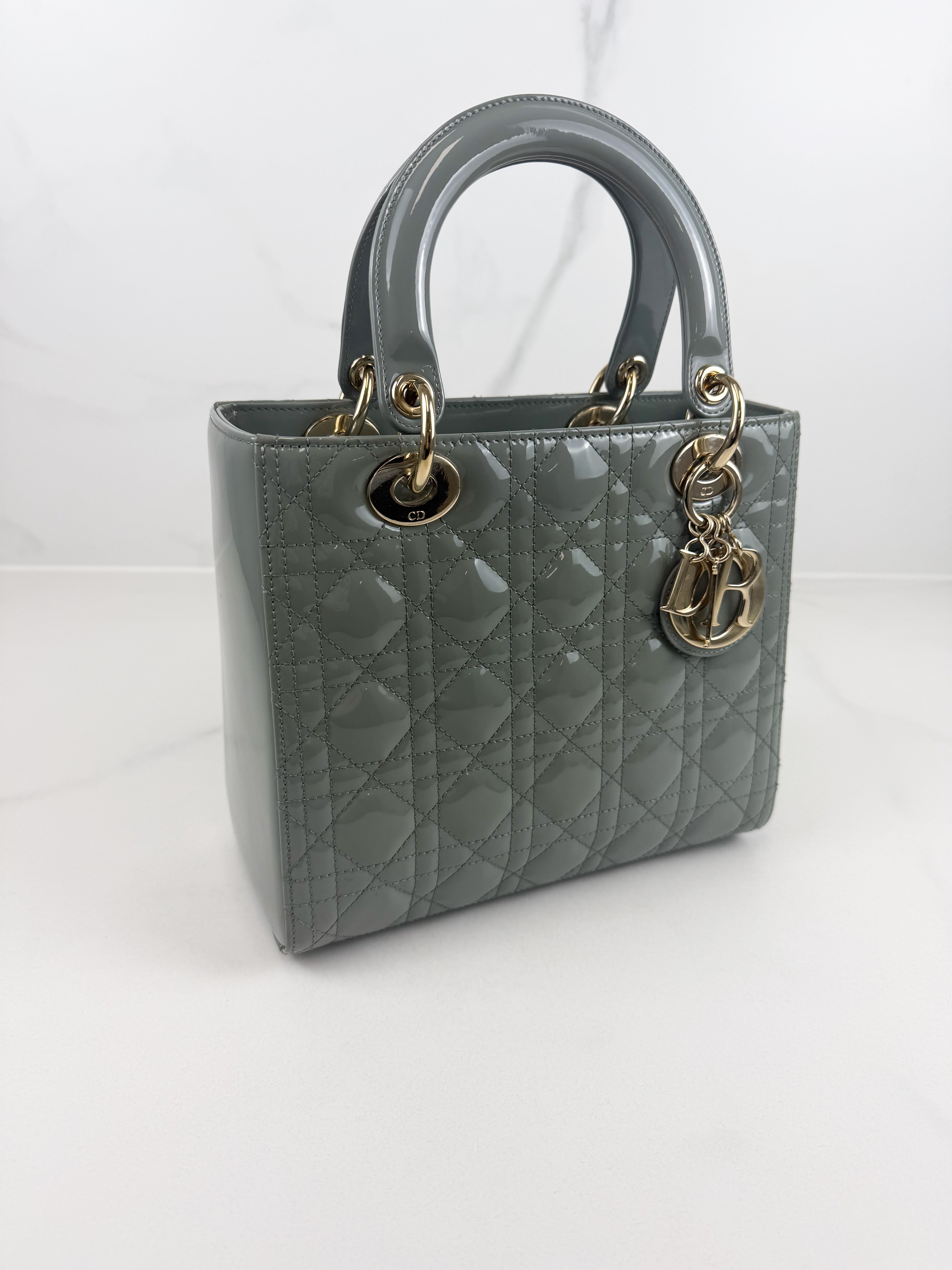 Christian Dior Medium Lady Dior In Grey Patent with GHW