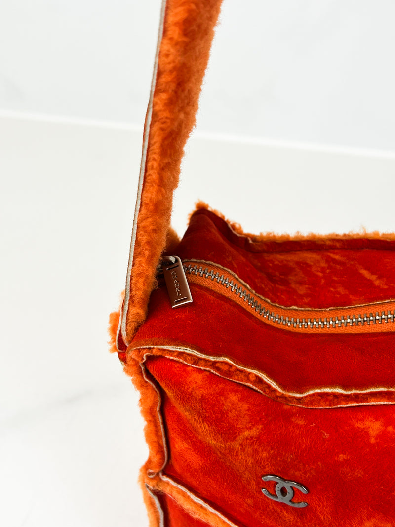 Chanel Vintage Orange Sheepskin Suede Logos Shoulder Bag